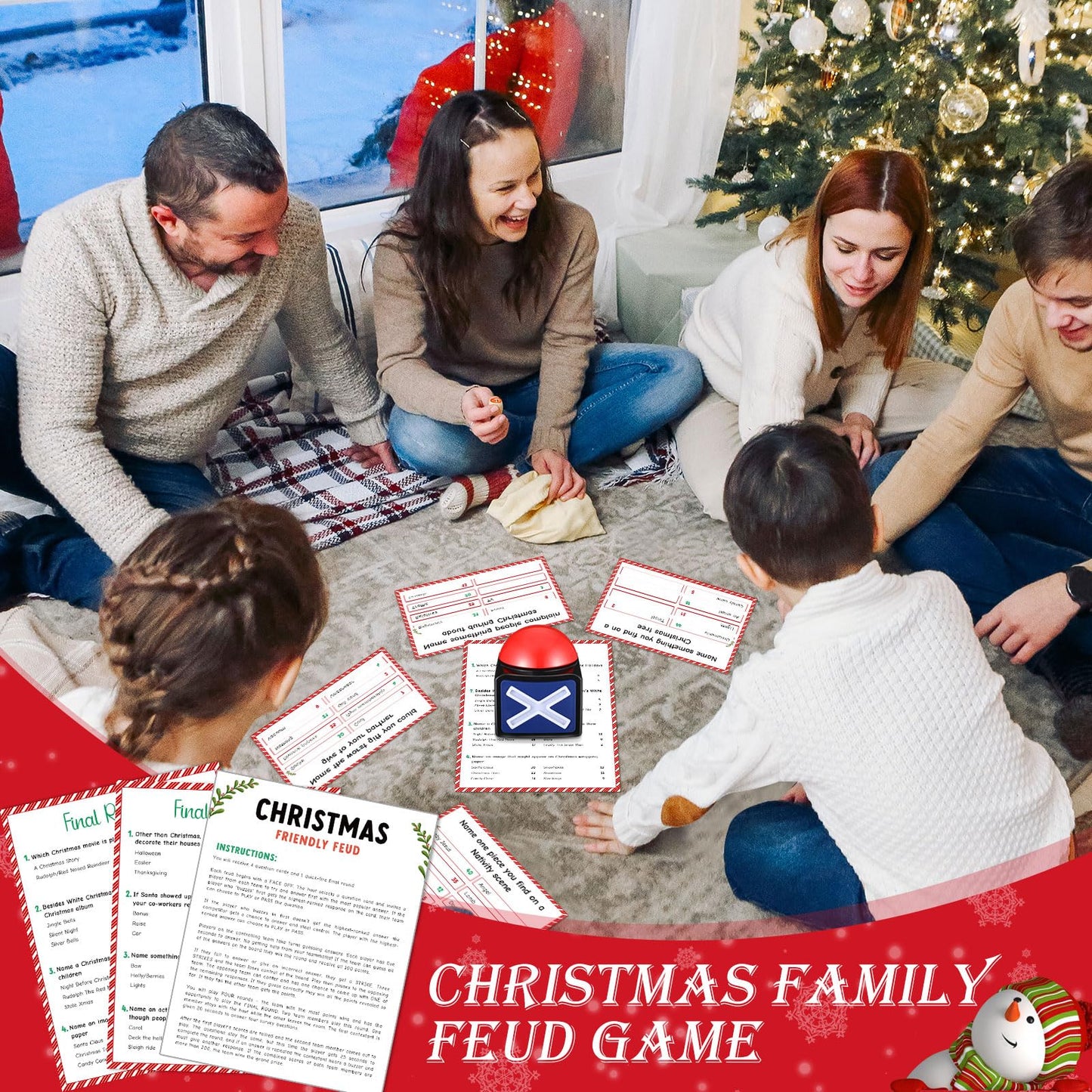 Syhood Christmas Friendly Feud Card Game with 2 Answer Buzzers, Fun Xmas Family Trivia Quiz Party Game Night Activities for Adults, Office, Large Group and Team Building
