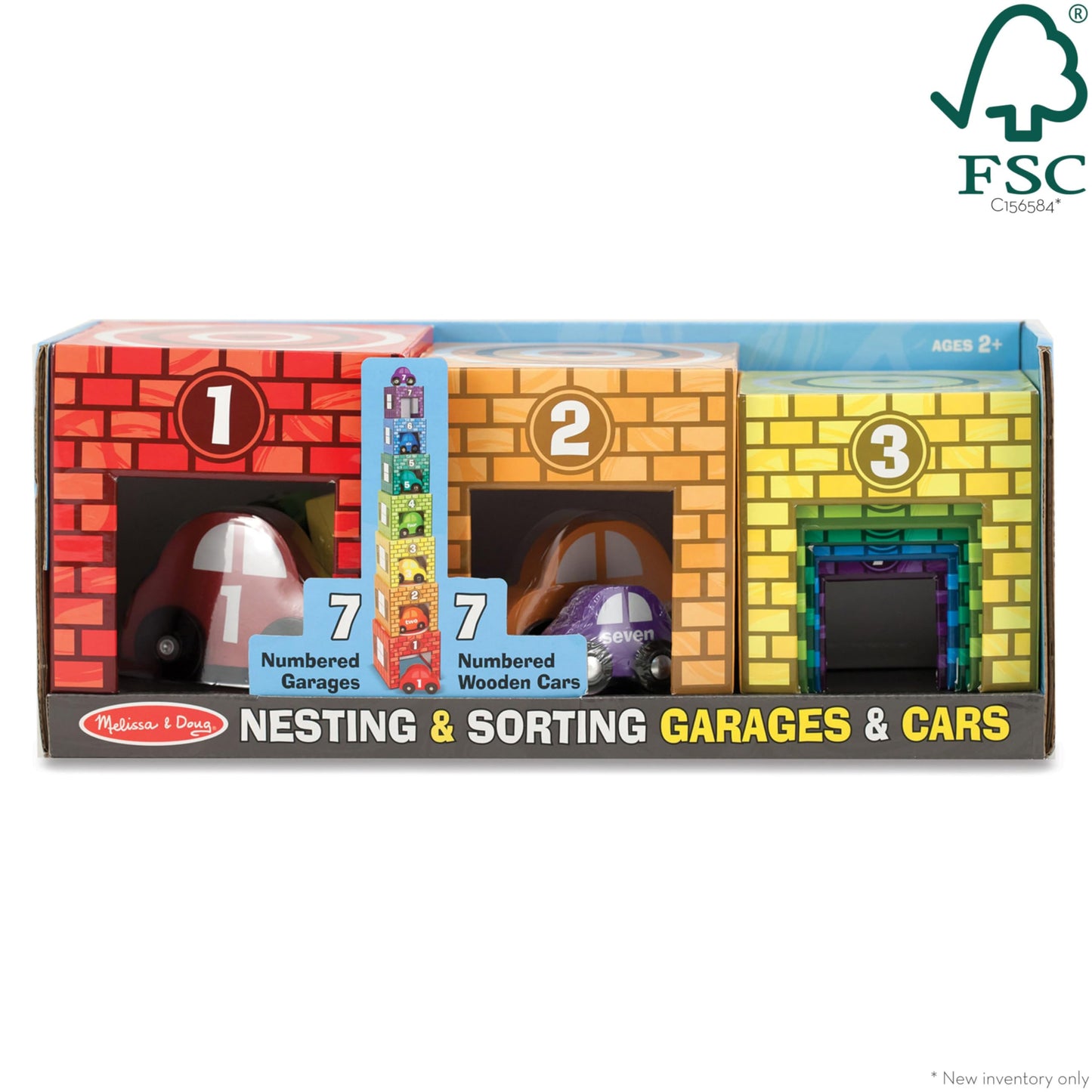 Melissa & Doug Nesting and Sorting Garages and Cars with 7 Graduated Garages and 7 Stackable Wooden Cars - FSC Certified