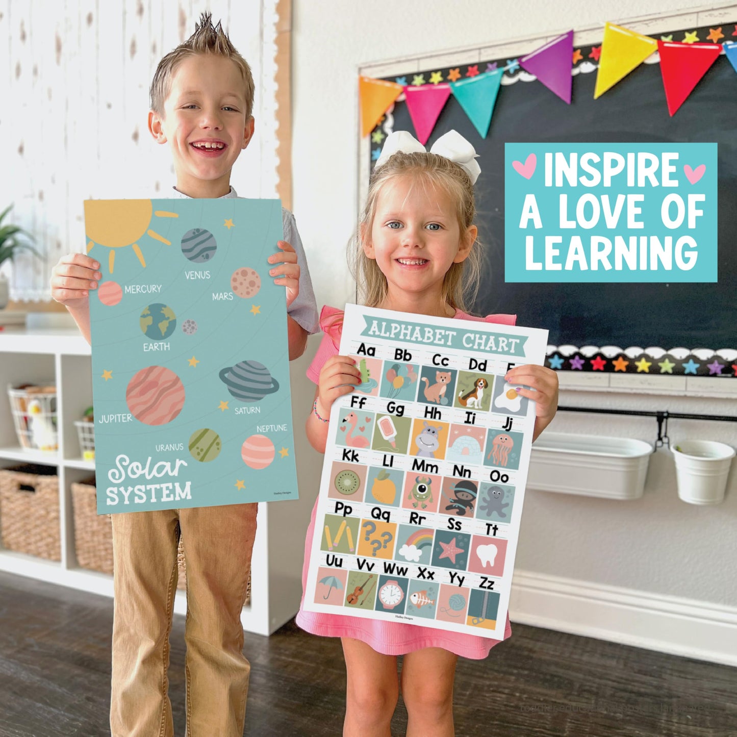 Hadley Designs 16 Educational Posters for Classroom Decor - Boho Educational Posters for Toddlers 1-3, Toddler Learning Posters for Kids Ages 3-5, Kindergarten & Preschool Classroom Must Haves