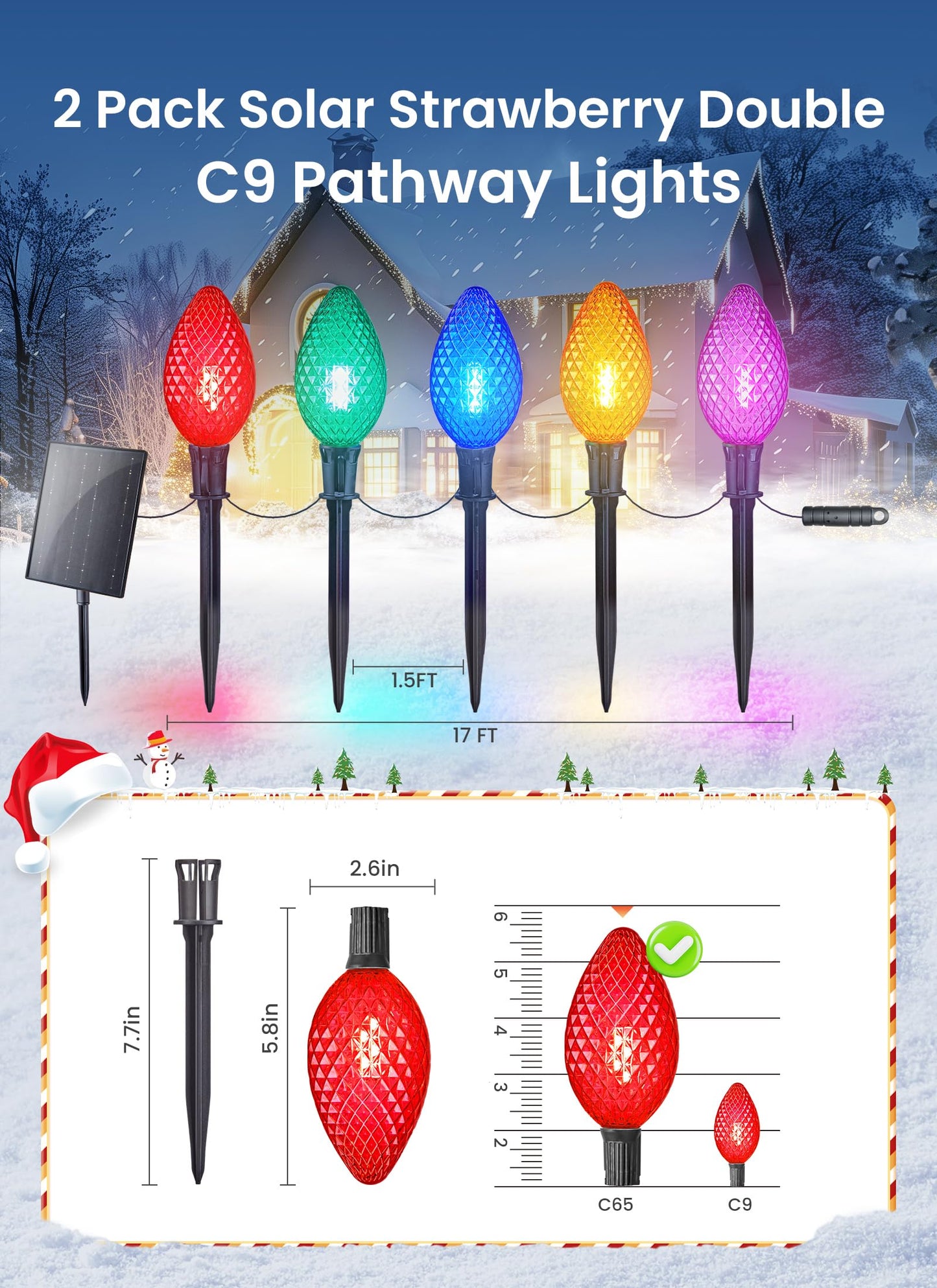 Minetom Solar Christmas Pathway Lights - 32FT 20 LED, 2 Pack, Multicolor Strawberry, Polycarbonate, 8 Modes with Timer