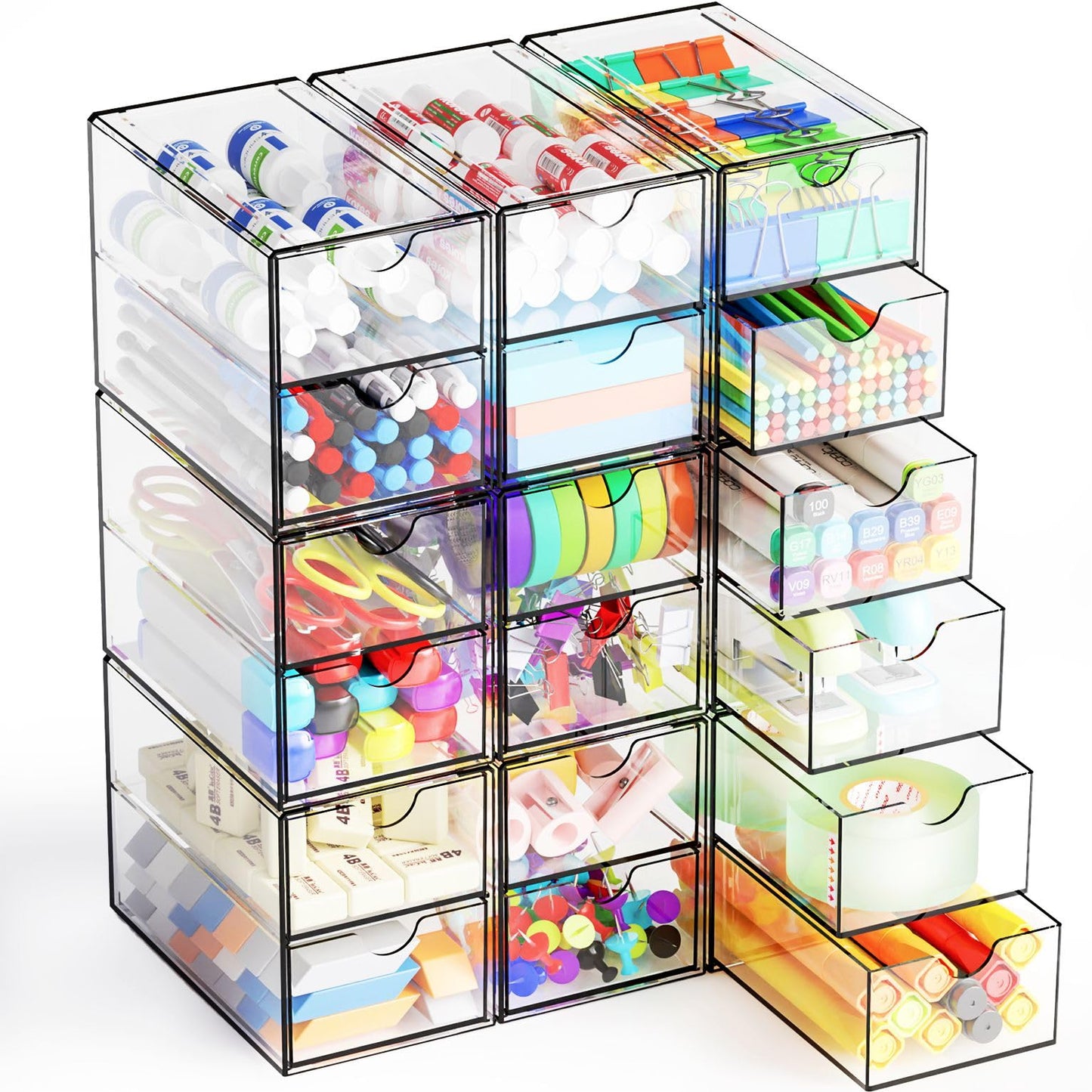 Yieach 9 Pack Small Acrylic Drawers With 18 Drawers,Clear Drawer Organizers Stackable,School,Office Supplies Organizer And Storage Bins for Stationery,Pen,Pencil,Craft,Glasses,Sunglass Organizer Case