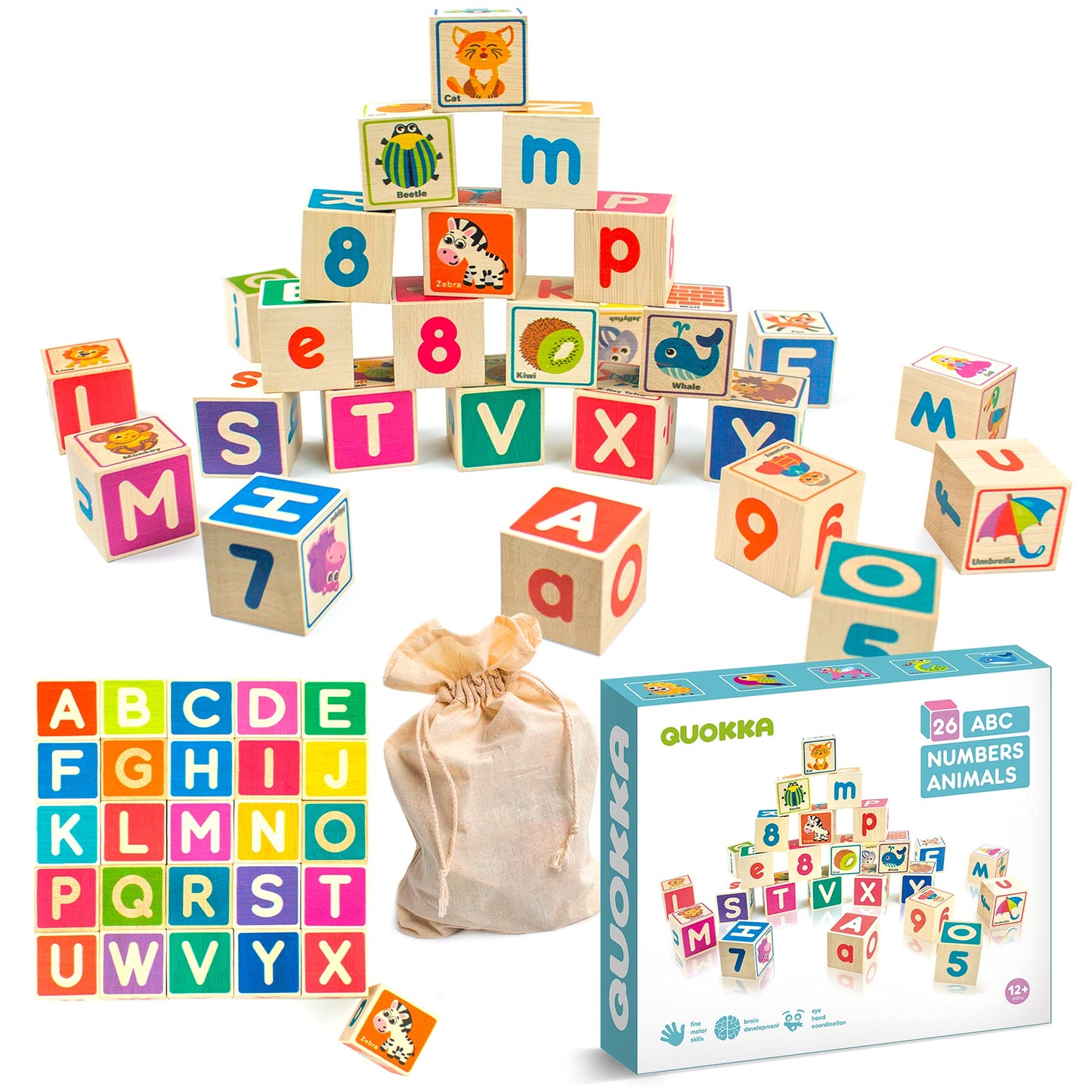 QUOKKA Wooden Blocks for Toddlers 1-3 - 26 Counting ABC Learning Baby Blocks for Kids 3-5 Year Olds Stacking Alphabet Wood Toys for 2-4 Ages - Developmental Toys with Letters Numbers from 12-18 Month