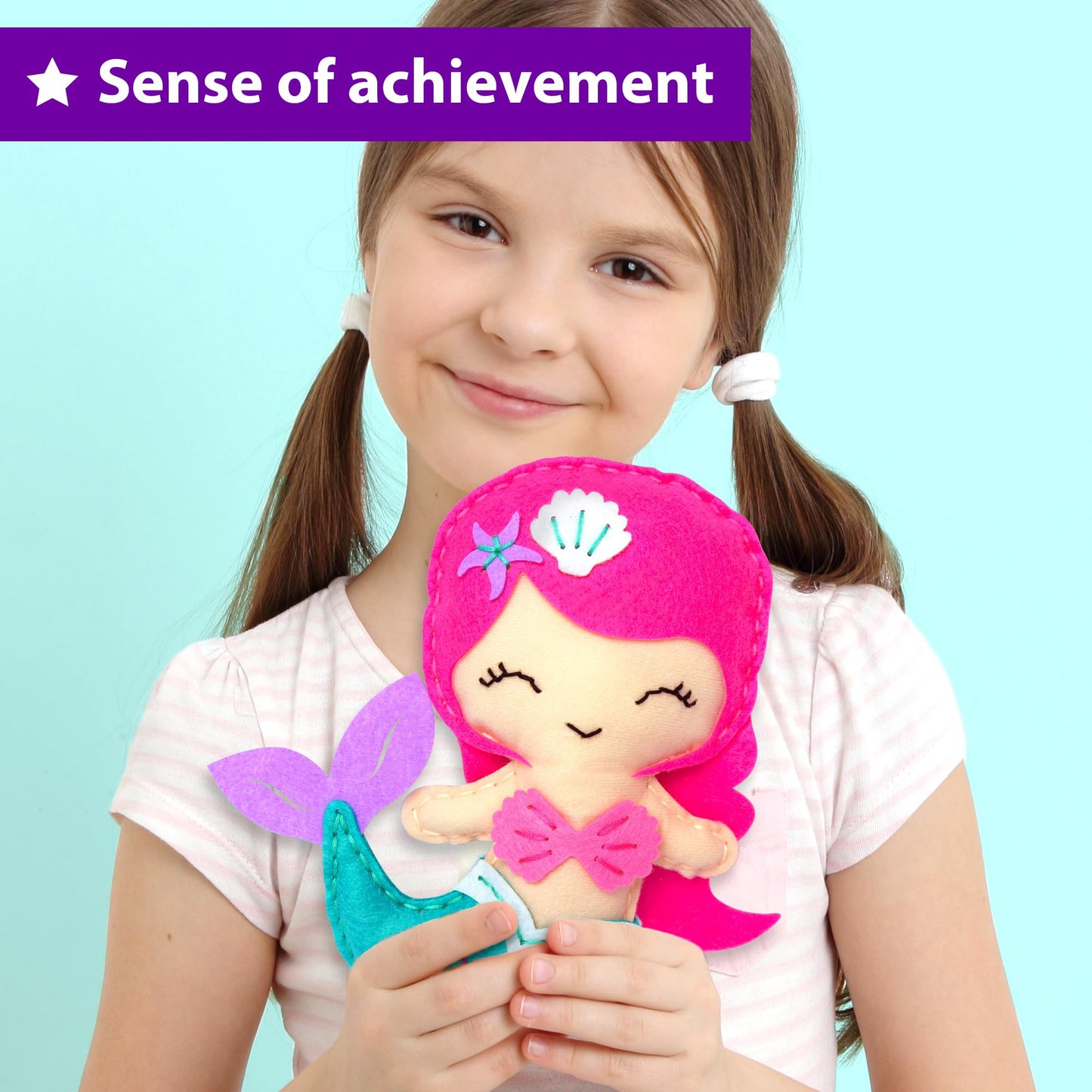 KRAFUN Mermaid Sea Animals Beginner Sewing Kit for Kids Art & Craft kit, Includes 7 Soft Plush Dolls, Instructions & Felt Materials for Learn to Sew, Embroidery Skills, Gift for Girls Educational