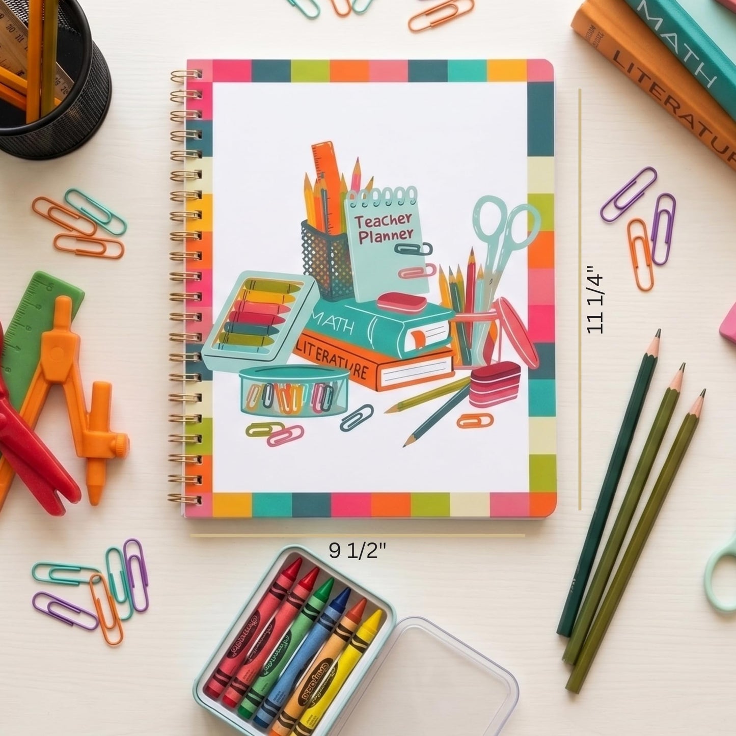 Undated Teacher Planner 8.5 x 11-12 Months & 52 Weeks | Colorful School Supplies Cover | Monthly & Weekly Lesson Plan Book with Stickers, Storage Pocket & Snap-In Bookmark | Classroom Organizer