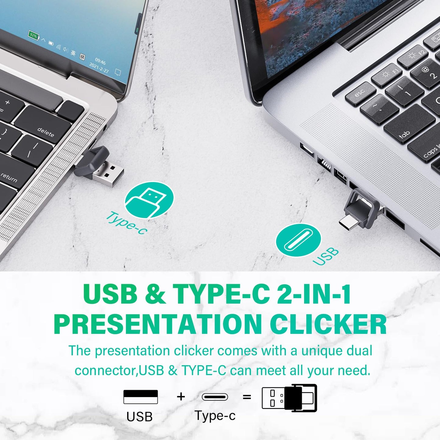 2 in 1 USB Type C Presentation Clicker, Rechargeable Presentation Clicker Wireless Presenter Remote Clicker, 2.4GHz Clicker for Powerpoint Presentations, Google Slide Advancer