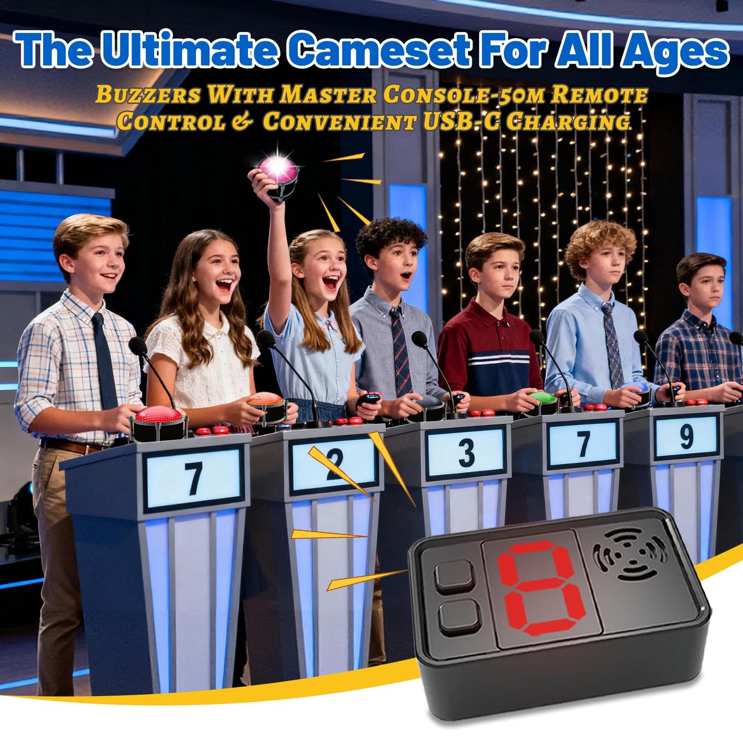 Set of 8 Buzzer for Game Show, Educational and Classroom Quiz, Family Games Night, Jeopardy Trivia, Show Who Buzzed First, 4 Modes, 50m(164Ft)-Buzzer System for Game Show, School