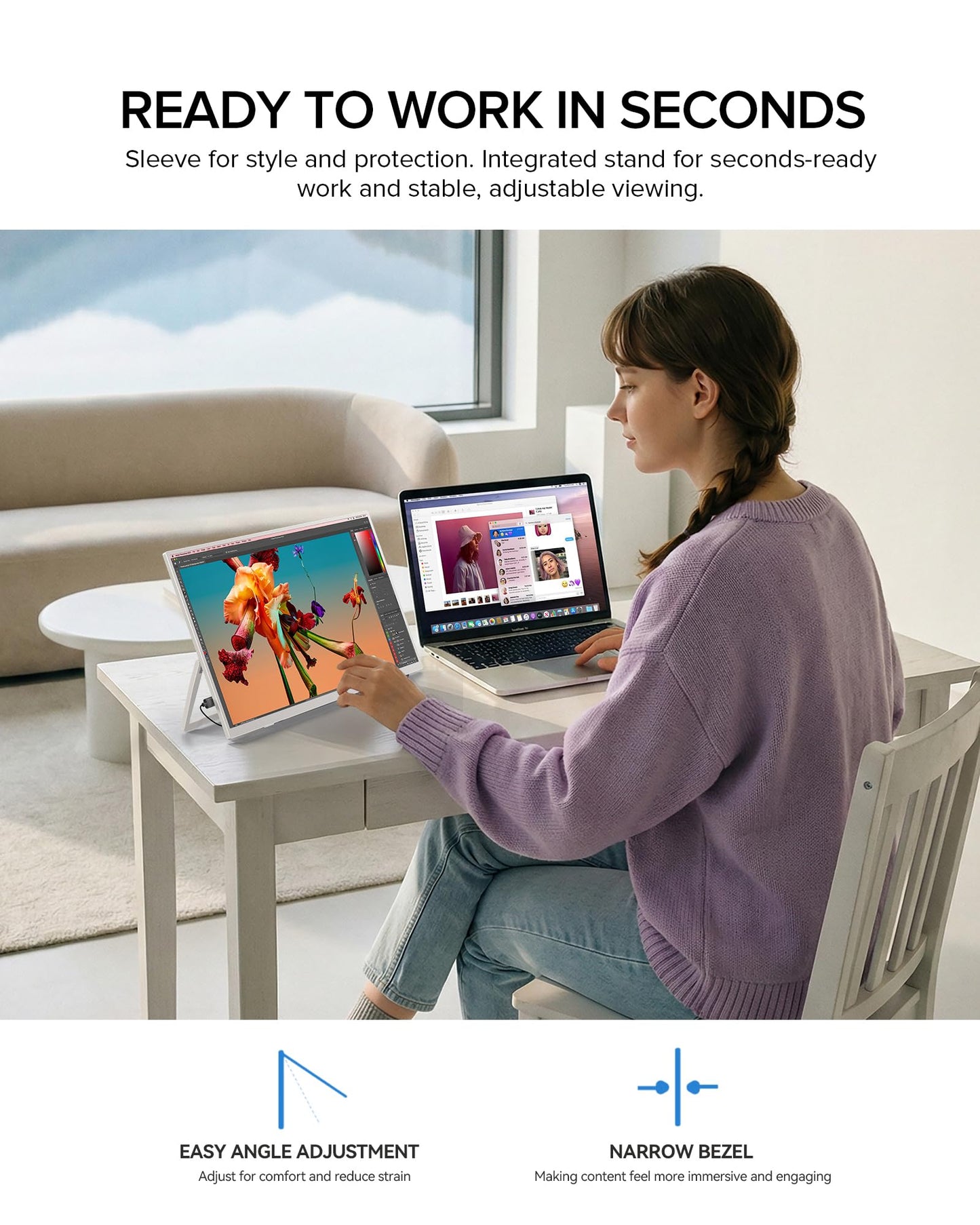 UPERFECT Portable Monitor 15.6", 125% sRGB 1080P Laptop Monitor, Ultra-Slim White Display, USB-C & MINI HDMI, 350 Nits, VESA & Case, Travel Small Second Screen for Computer, Mini PC, Game Consoles