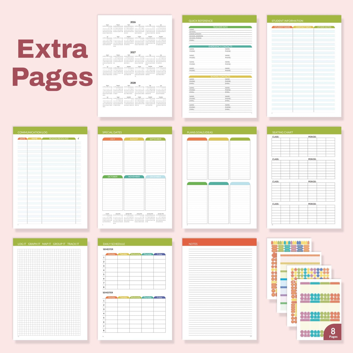 SUNEE Deluxe Teacher Planner 2026-2027, Lesson Planner Book with 7 Periods Jul 2026 - Jun 2027, 8.5" x 11" Weekly and Monthly Organizers with Colorful Tabs, Planning Stickers,120gms Paper, Pink Marble