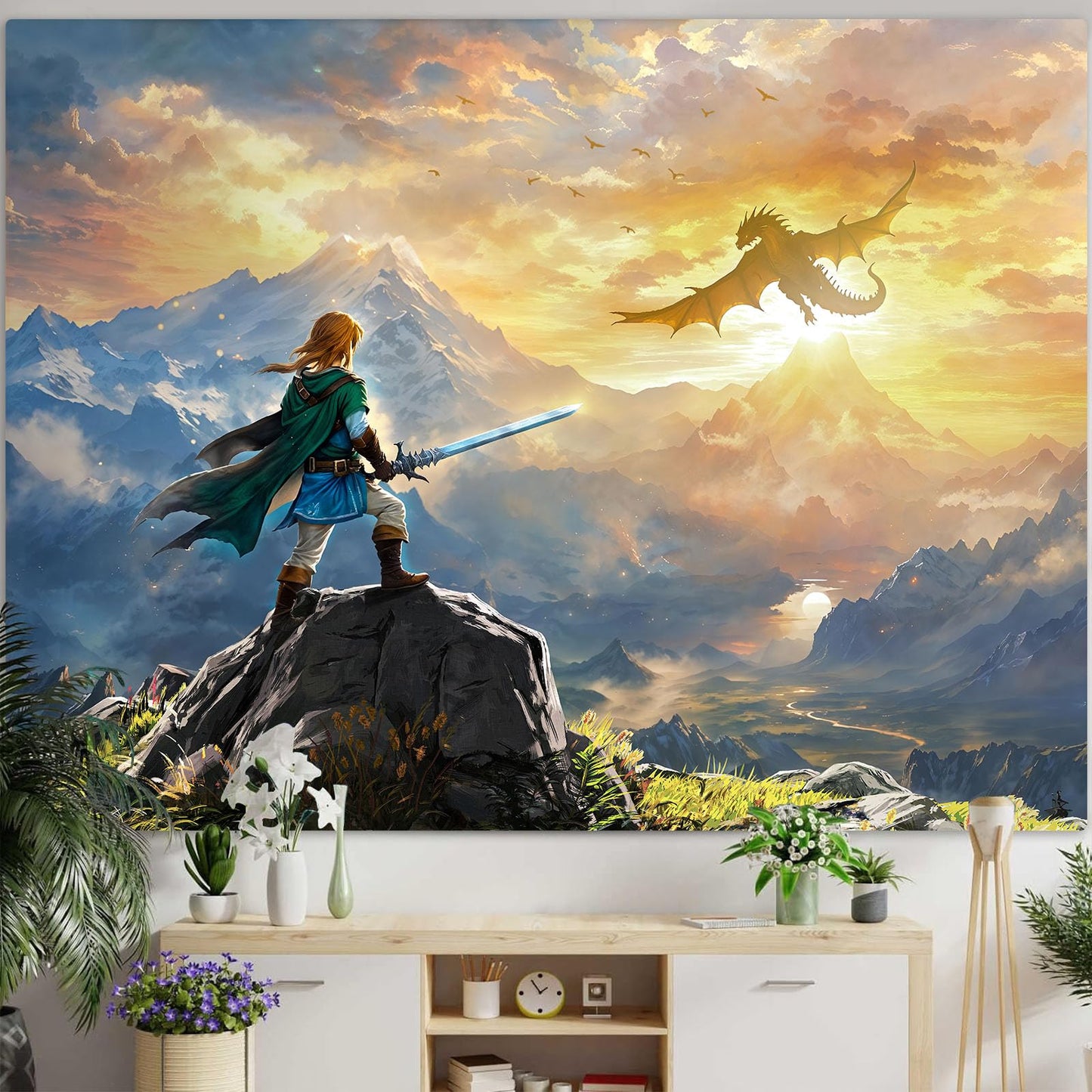 Spenlife Heroic Dragon Landscape Wall Tapestry, Fantasy Mountain Quest Tapestries for Room Decor, Epic Tapestry 60x44 Inch