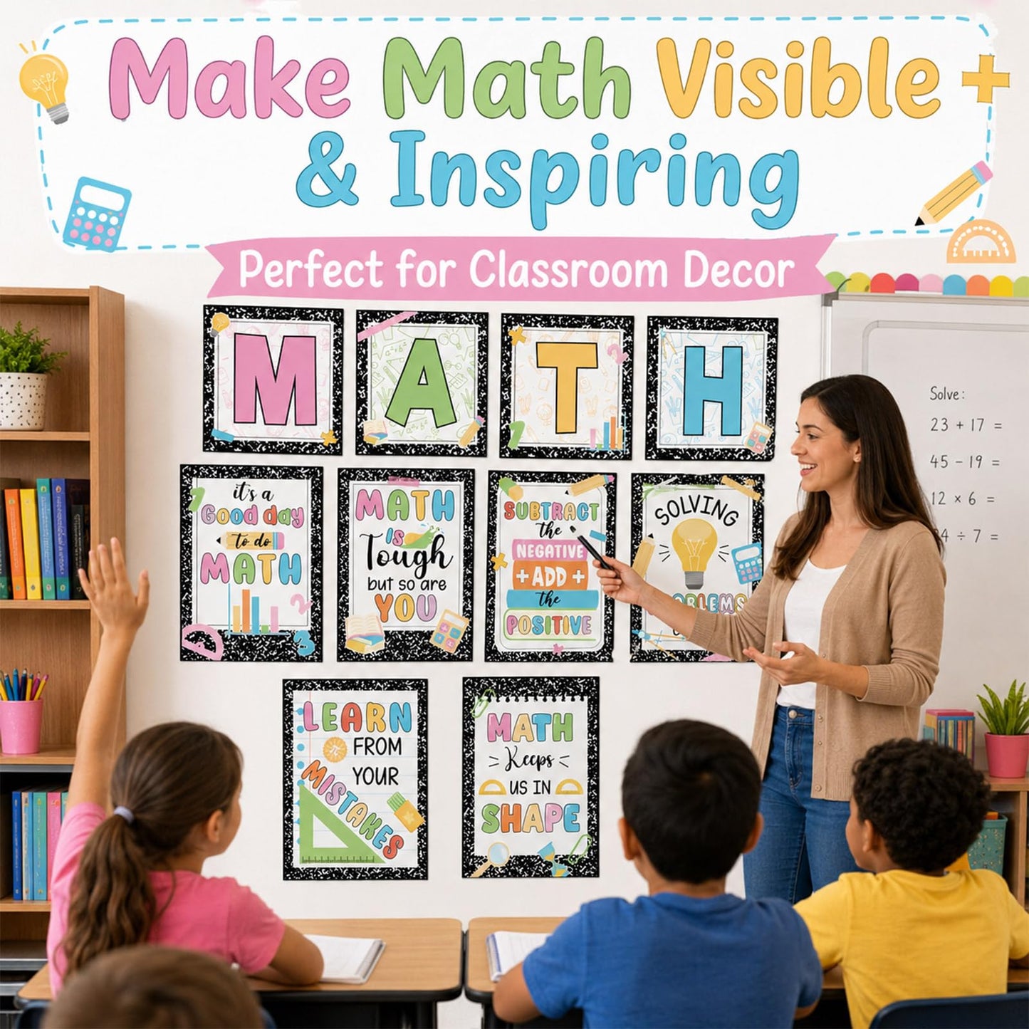 10PCS Composition Math Posters Math Inspirational Wall Chart Black White Speckle Classroom Decor Educational Mathematics Bulletin Board Decor for Elementary Middle School Teacher Chalkboard Supplies