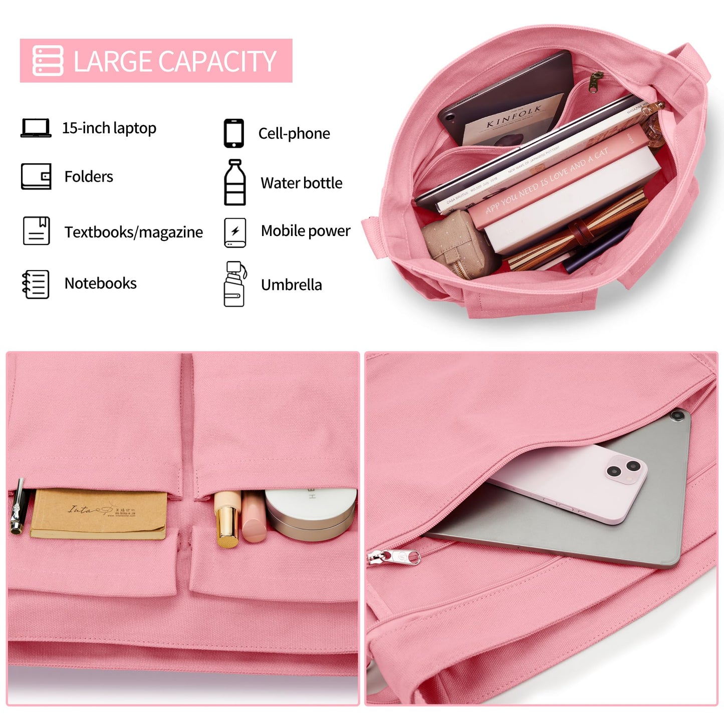 Canvas Messenger Bag for Women Men, Large Crossbody Bag for College Work Travel Daily, Pink