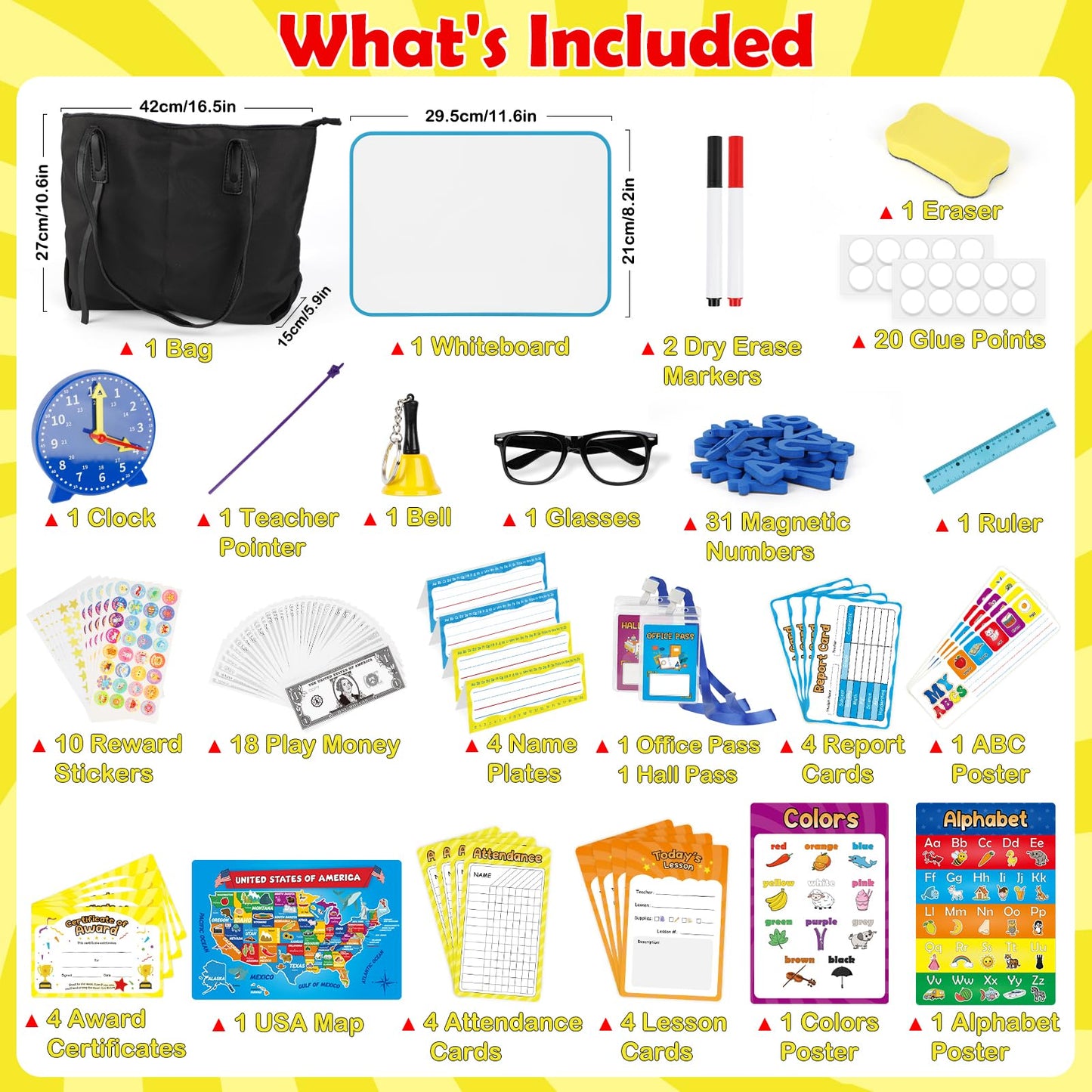 Edulok 115 PCS Pretend Play Teacher Set for Kids, with Magnetic Numbers, Bell, Money Games, Alphabet Posters, USA Maps, Learning Education Toys Kindergarten Classroom School Supplies Toys Playset Kit