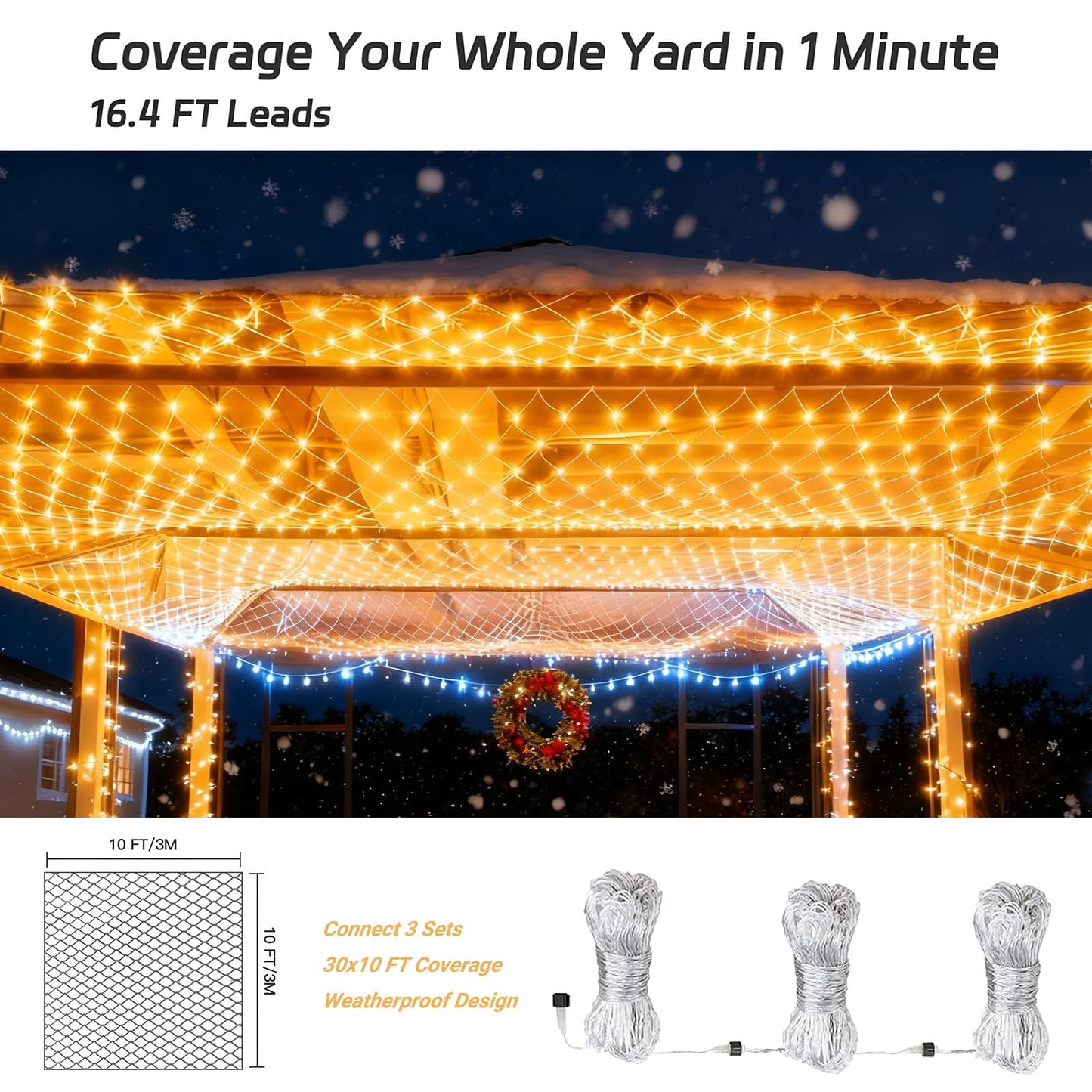 Veeydrut Net Lights Outdoor 10x10 FT, 270 LED Warm White, 8 Modes Connectable Mesh Lights for Trees, Garden, Model Lw-KCL-Net