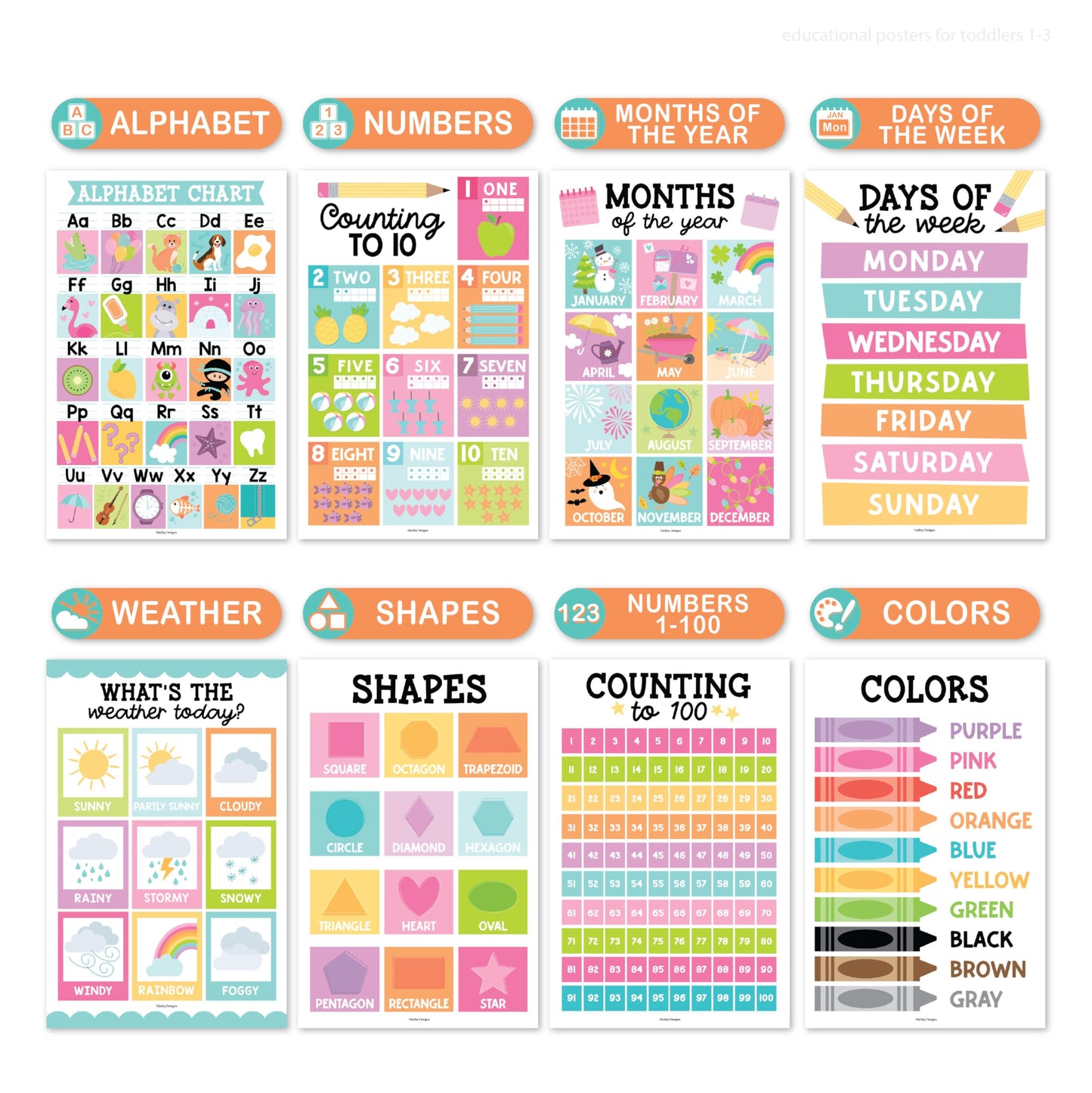 Hadley Designs 16 Educational Posters for Classroom Must Haves - Laminated Pre-K Posters for Toddler Homeschool Essentials, Toddler & Preschool Learning Activities, Kindergarten Classroom Decor