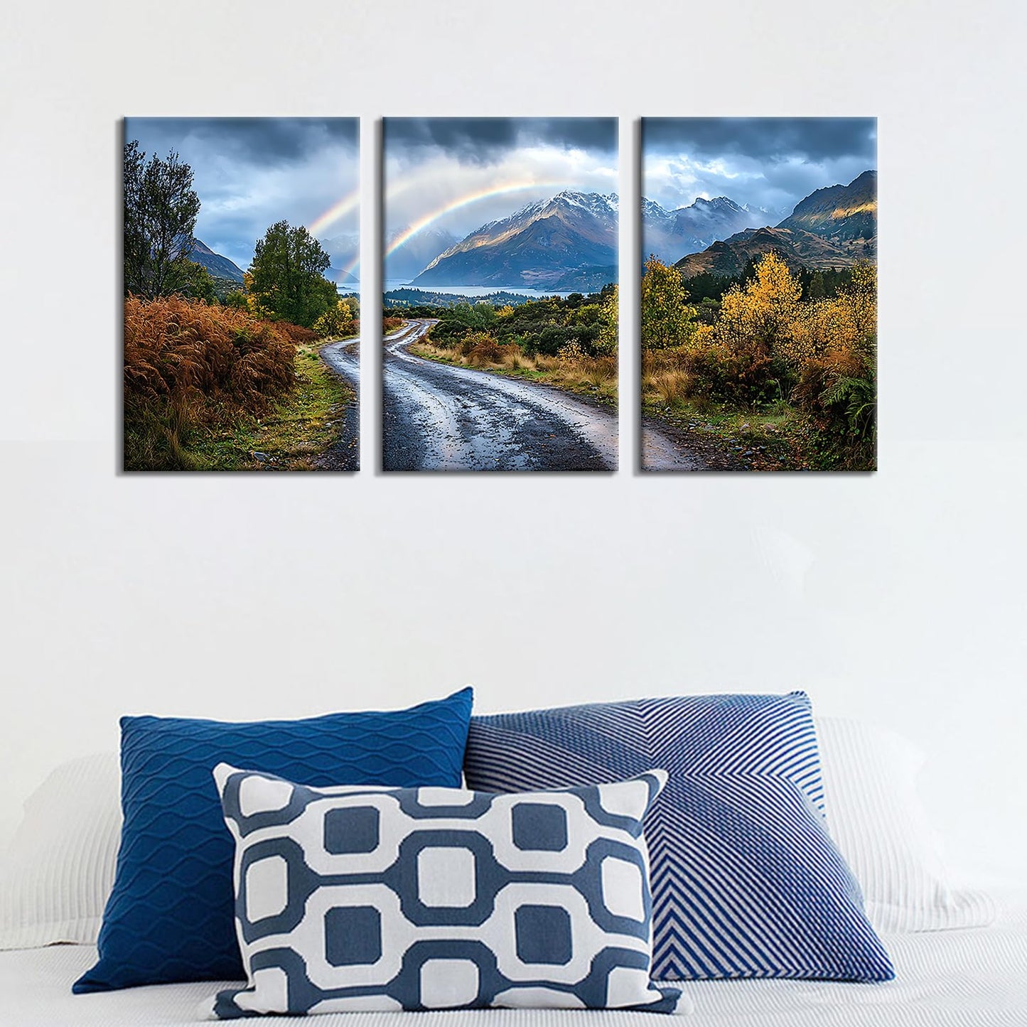 YSPCSUN 3 Panel Landscape Wall Art Mountain Peak Canvas Pictures Vibrant Double Rainbow Nature Painting Framed Scenery Artwork for Dining Room Bedroom Wall Decoration Gifts Idea, 48x24 Inch