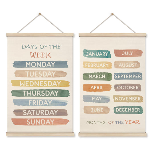 HRQKO Boho Week Month Decor Poster Hanger Frame Set of 2, Educational Posters, Preschool Wall Art with Wooden Frames, Boho Classroom Wall Hanging Banner Decor for Toddlers Room Playroom, 16x24 inch
