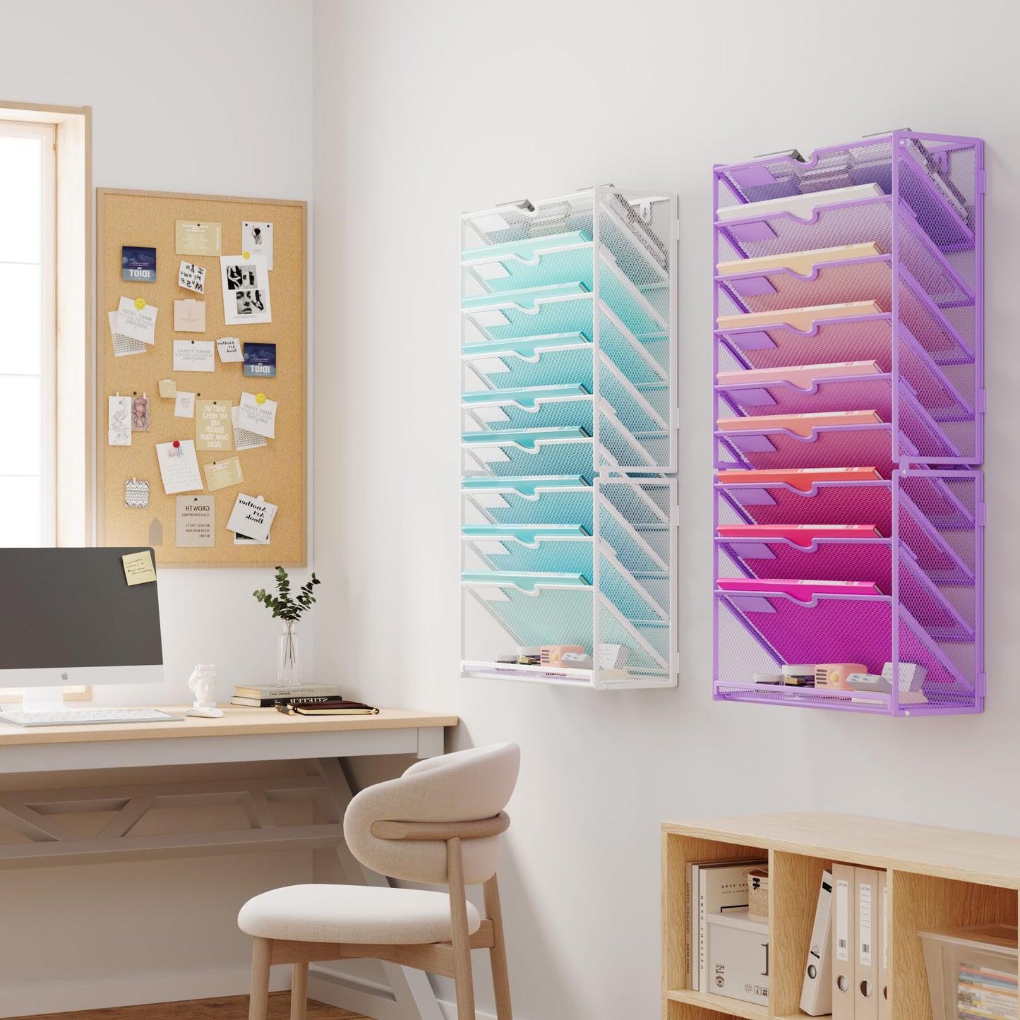 Lavatino Hanging Wall File Folders Organizer - 10-Tier Purple Metal Mesh Paper Magazine Document Mail Holder File Organizer for Office School Home Wall Mount or Desk Supplies Organization