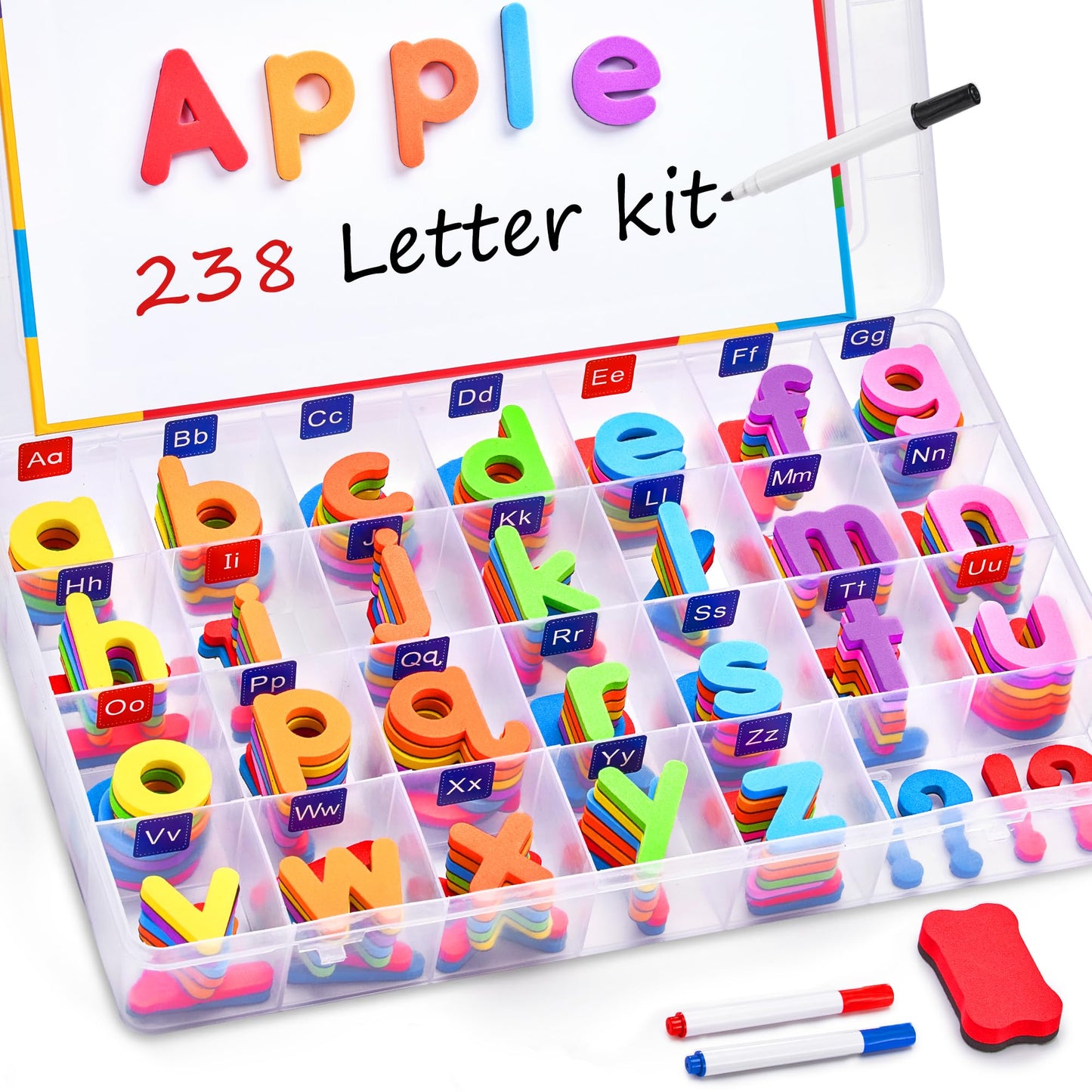 JoyCat Classroom Magnetic Letters Kit Colorful 238 Pcs with Double-Sided Magnet Board - Foam Alphabet Letters for Preschool Kids Toddler Spelling and Learning - Fridge Magnets ABC Education Toys