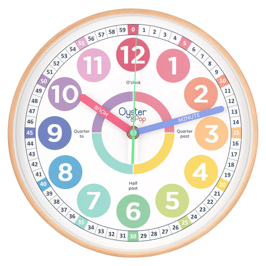 Oyster&Pop Kids Clock - Silent 10" Pastel Analog Learning Wall Clock - Award-Winning Telling Time Teaching Clock for Kids - Bedrooms Homeschool & Classrooms - Includes eBook