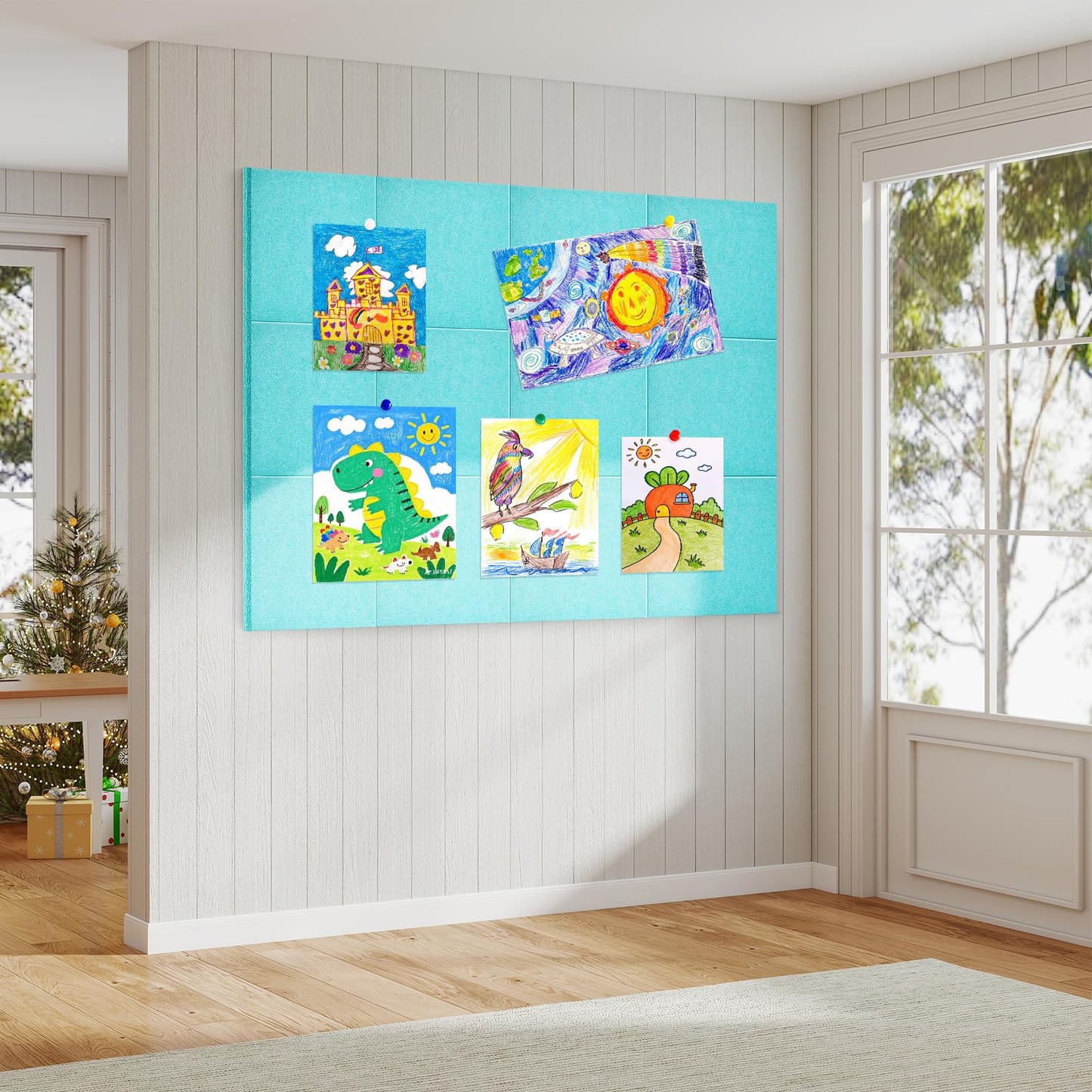 Large Cork Board for Walls 48"x36" |Cork Board Alternative| 12 Pack Felt Wall Tiles| Baby Blue Bulletin Board with Removable Adhesive | Cork Boards Pinboard for Office Home Classroom，Baby Blue