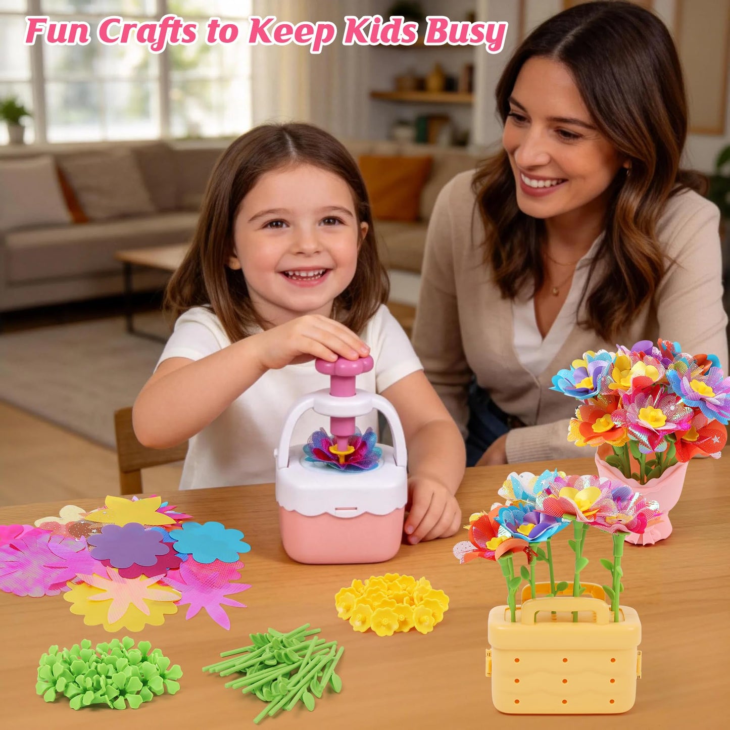 IQKidz Flower Bouquets Toy for Girls, DIY Arts and Crafts Kits for Kids Ages 4-6 6-8, STEM Flower Making Set with Storage Box & Basket, Birthday Gift for Age 5-7 8-10 Years Old