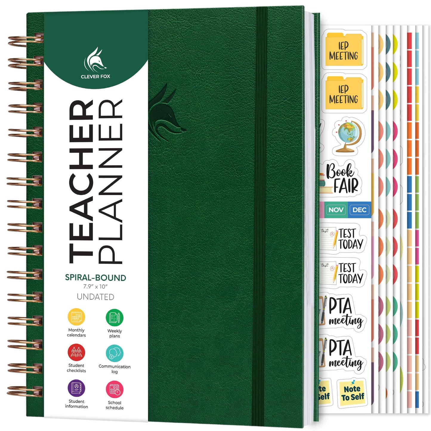 Clever Fox Teacher Planner Spiral – School Year Planner with Calendars & Lesson Plans – Teacher Plan Book for Classroom & Homeschool Organization - Undated, 7.9x10″ (Dark Green)