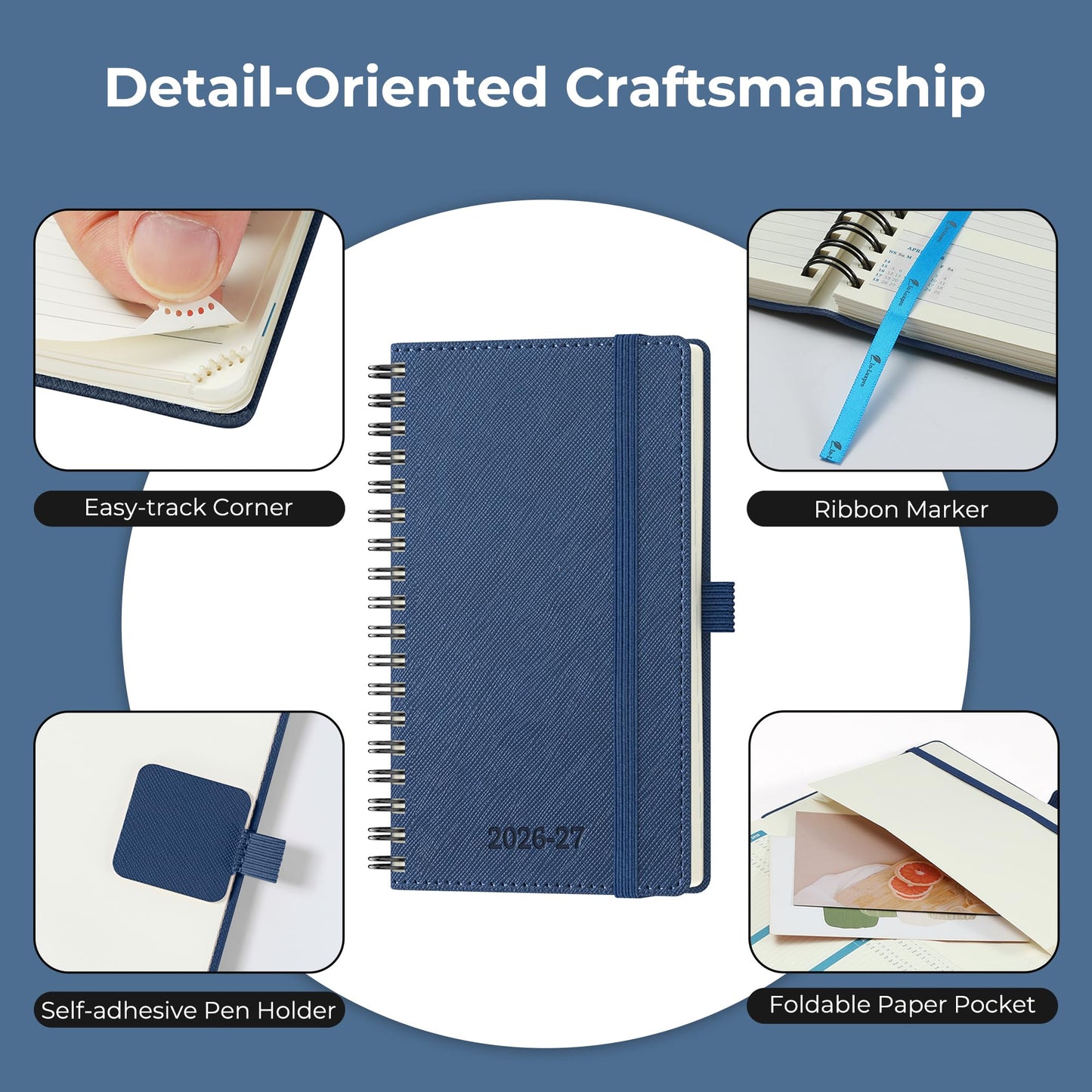 IN-LUXPRO Planner 2026-2027 Daily Weekly and Monthly,6.5"x3.75",18 Months Spiral Bound Calendar Agenda with Self-adhesive Pen Holder,2026 Academic Plan with Vegan Leather Soft Cover,Blue