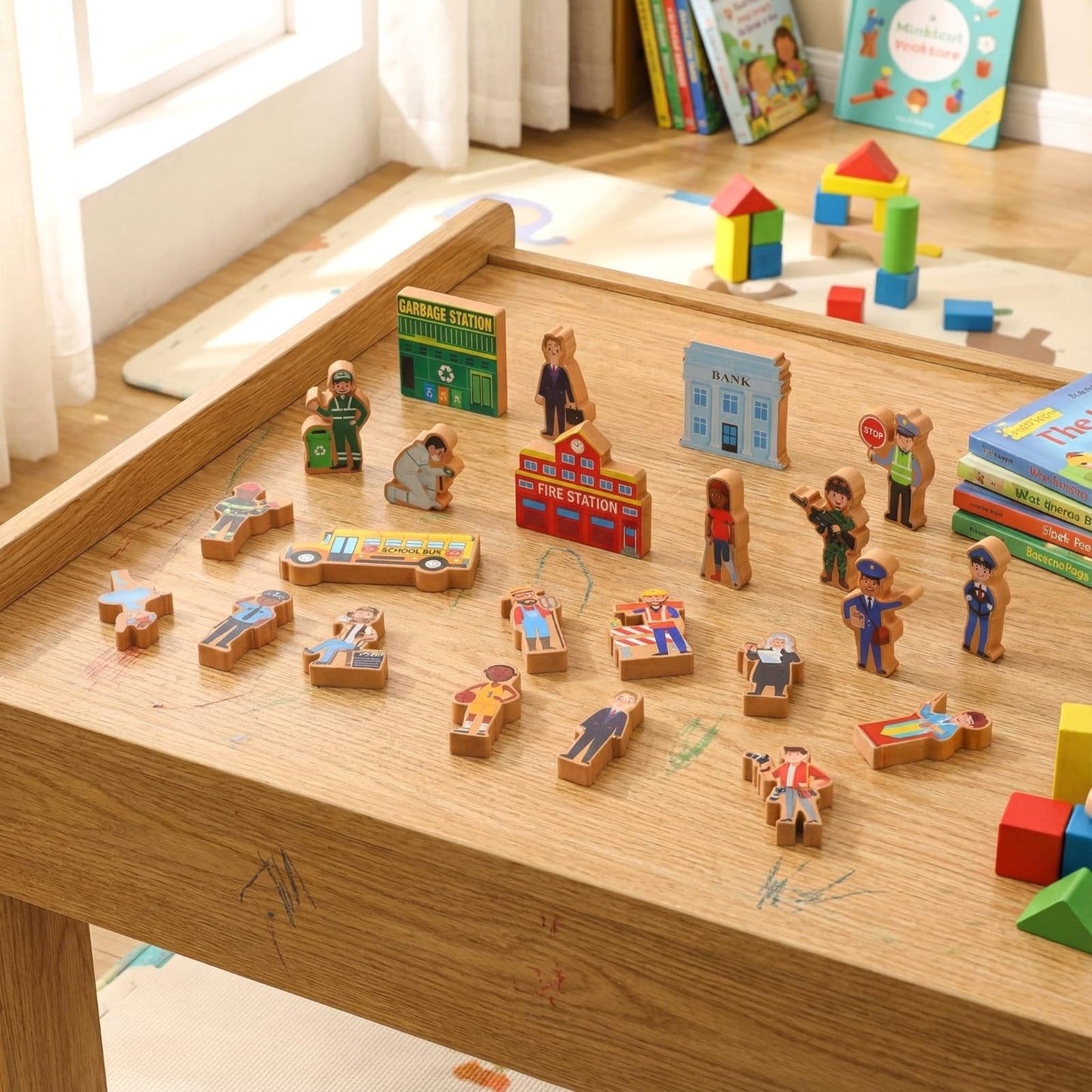 Blosssound 81 Pcs Wooden Community Helpers Toys Wooden Car Town Set Wood People Figures Multicultural Career Wood Blocks for Preschool Classroom Diversity Play Games Educational Activity Supplies