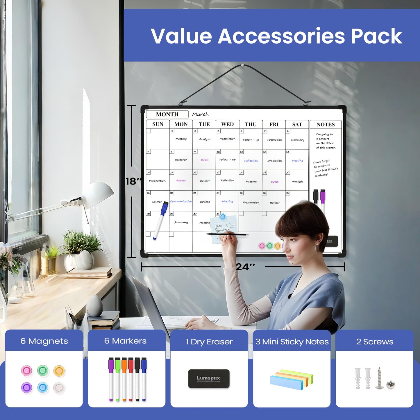Lumspax Monthly Whiteboard Calendar for Wall, 24" x 18" Dry Erase Board with Plastic Frame, Hanging Dry Erase Calendar with 3 Mini Sticky Notes for Kitchen Planner, Memo, Home and Office, Black