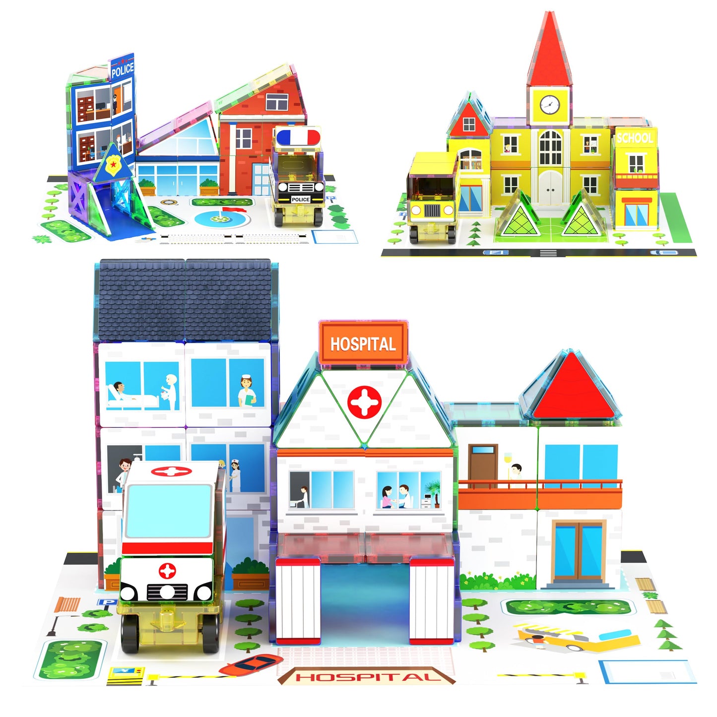 PicassoTiles 3-in-1 Theme Set School Hospital Police Station Magnet Self Adhesive Backing Stick-On Sheet Combo w/Car Magnet Building Block Playset STEM Learning Construction Brain Development Kit