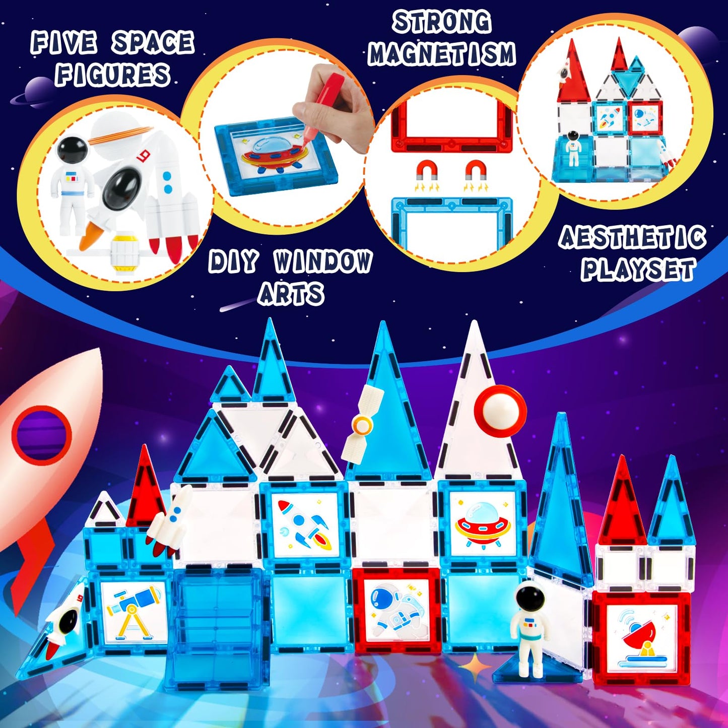 Magnetic Tiles - 58 Pcs Space Magnets Building Blocks Set - Sensory Travel Toys for Toddler - STEM Construction Playboards Stacking Toy - DIY Window Art - Birthday Gifts for Boy, Girl, Kids Ages 3-12