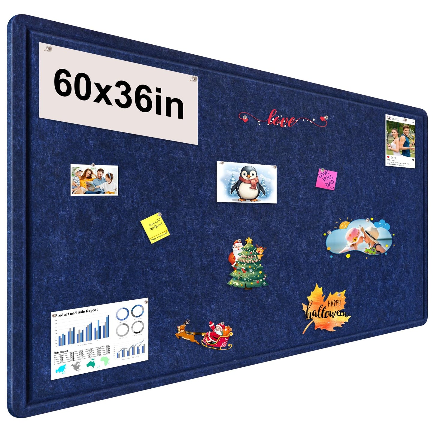 Large Bulletin Board, Foldable 60x36 Inches Cork Board Alternative, Large Felt Board Decorative Pin Board for Wall, Foldable Photo Board Self-Adhesive Vision Board with 36 Pushpins Dark Blue