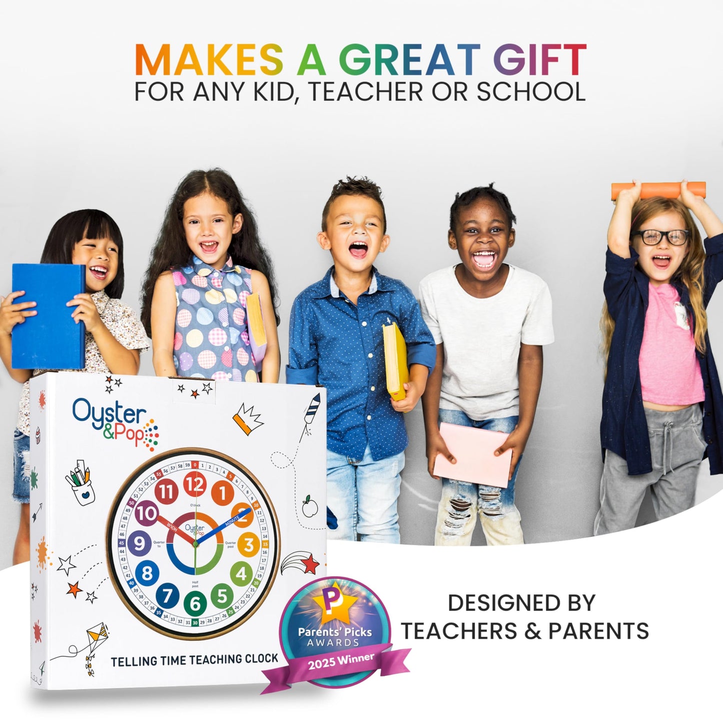 Oyster&Pop Kids Clock – Silent 10" Analog Learning Wall Clocks - Award-Winning Telling Time Teaching Clock for Kids - Bedrooms Homeschool & Classrooms - Includes eBook