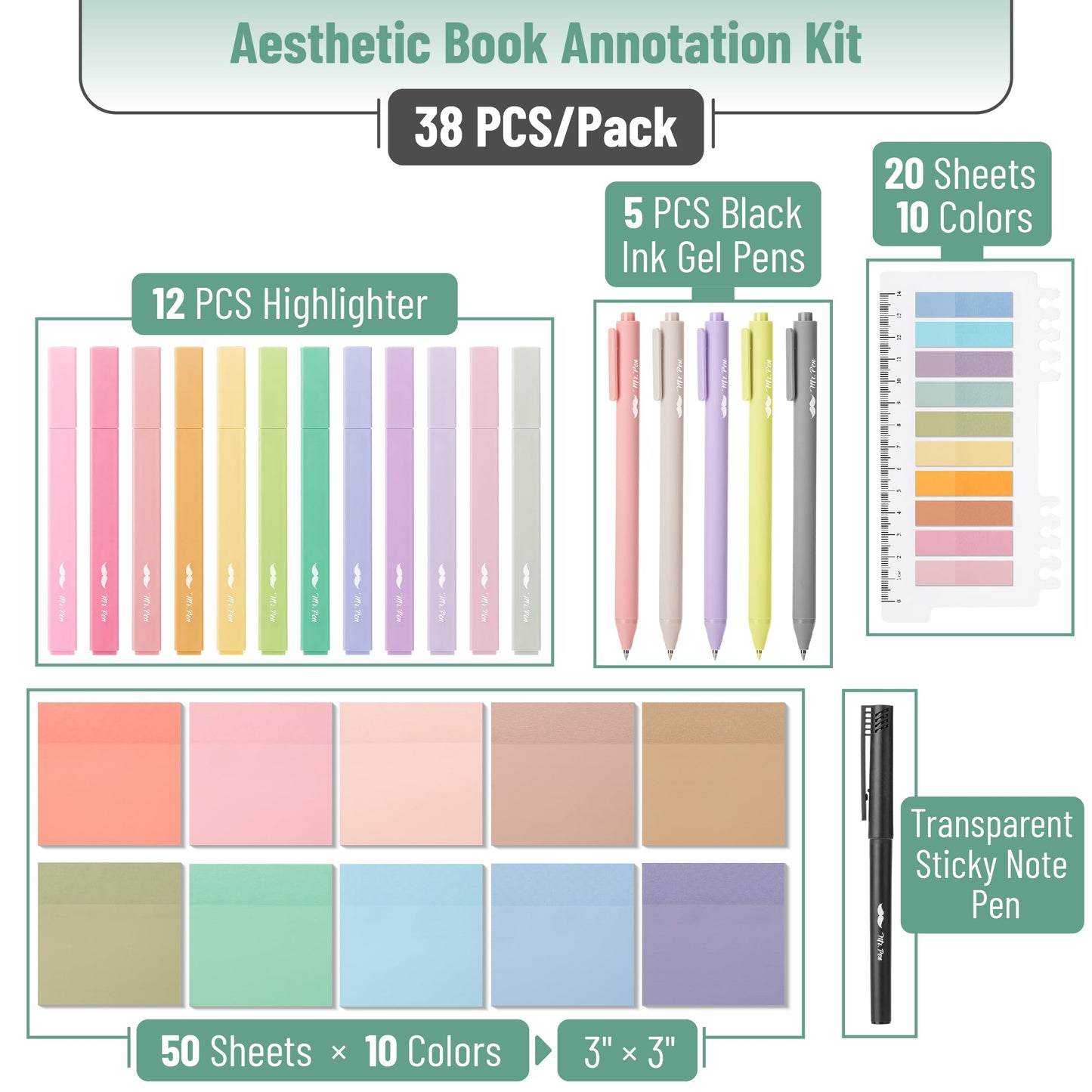 Mr. Pen- Aesthetic Book Annotation Kit, 38 pcs, 12 No Bleed Aesthetic Highlighters, 5 Gel Pens Black Ink, 700 Transparent Sticky Notes & Tabs for Study, Bible Journaling, Planner, Office Supplies