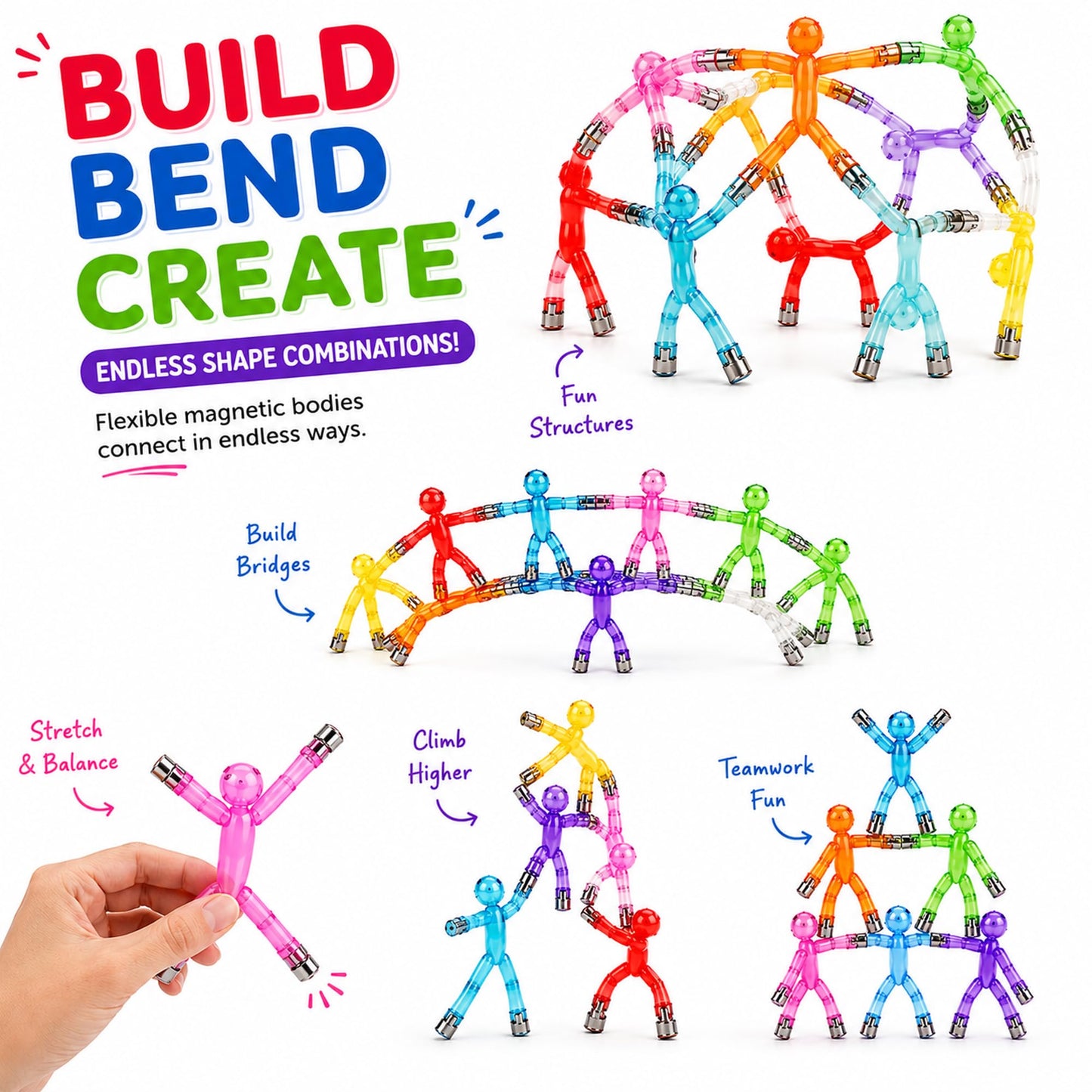 Magnetic Men Figures for Kids Ages 3-8, 10 PCS Sensory STEM Fidget Toy, Travel Toy for Boys & Girls, Road Trip Airplane Car Activities, Educational Building Set, Birthday Gift, Classroom Prize