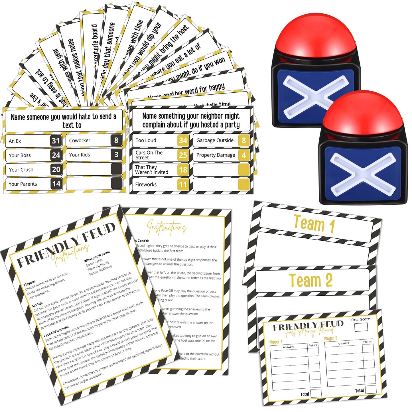 Syhood New Year Friendly Feud Card Game with 2 Answer Buzzers, New Years Eve Family Trivia Quiz Game Night, Fun Party Activities for Adults, Office, Classroom, Large Group and Team Building