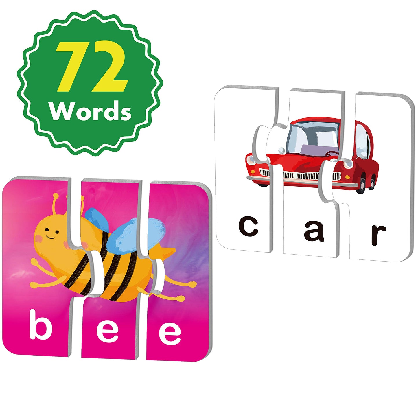 72 Word Spelling Puzzles with Error-Correction Mechanism in 3 Pieces, Perfect for Preschool Learning (36 Block Double Sided)