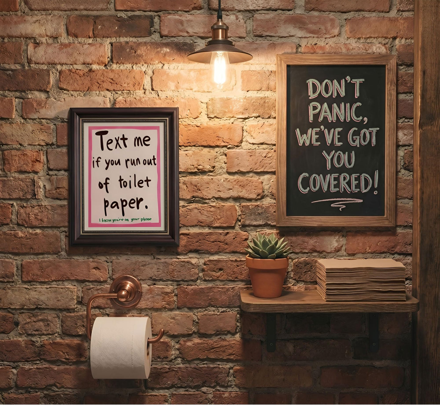 Dark Brown Framed Funny Bathroom Quotations Canvas Wall Art Message Me If You'Re Out Of Toilet Paper Wall Decor Picture Pink Humor Bathroom Poster Print for Toilets And Restrooms. Prepare To Hang