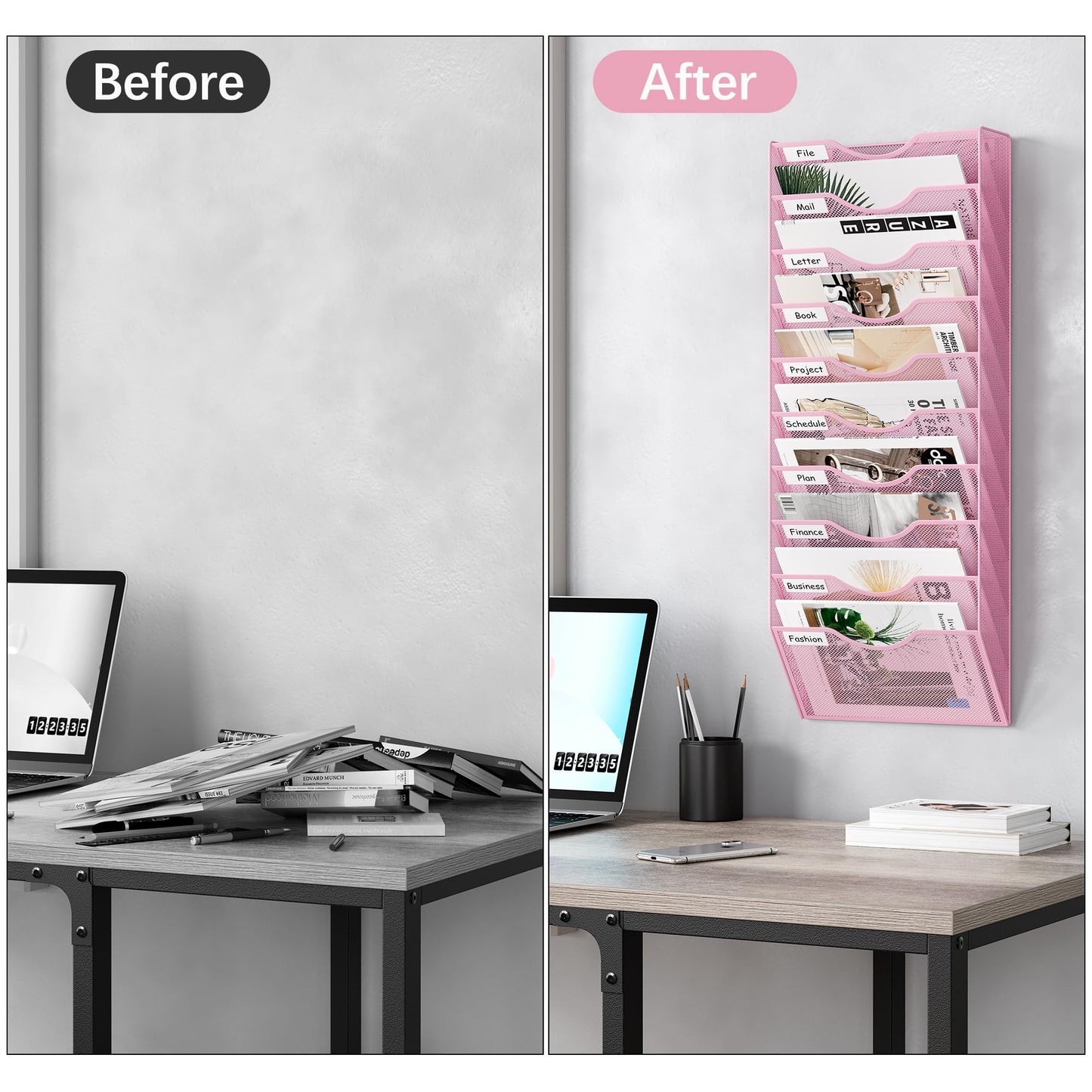 EasyPAG 10 Pocket Mesh Wall File Organizer, Hanging Paper Folder Holder with Classify Label, Vertical Wall Mount Mail Organizer for Office Home Classroom, Pink
