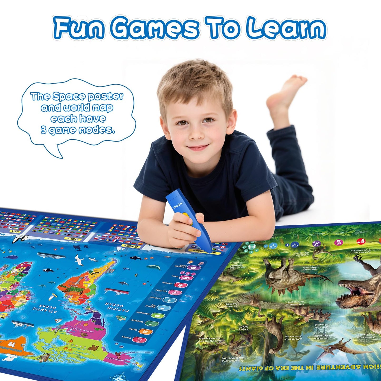 Bilingual Interactive Kids Talking World Map & Dinosaur Poster for Kids Learning and Educational Toys, Talking Educational Toys for 3 to 12 Years Old Girls/Boys, Preschool Learning Chart