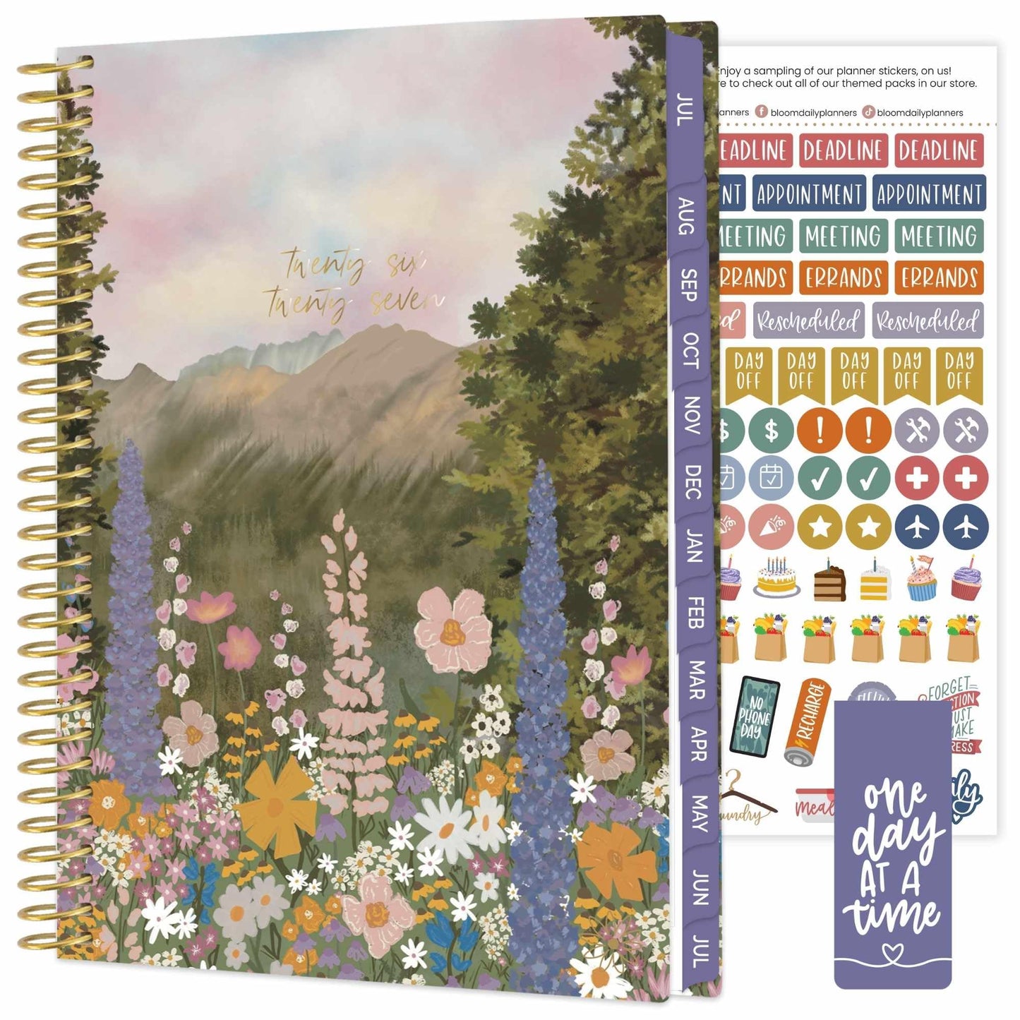 bloom daily planners 2026-2027 Planner - Academic Year (July 2026 - July 2027) Monthly & Weekly Soft Cover Planner for Women - 13 Month Agenda Book with Stickers - 5.5" x 8.25" - Wildflower Mountainside