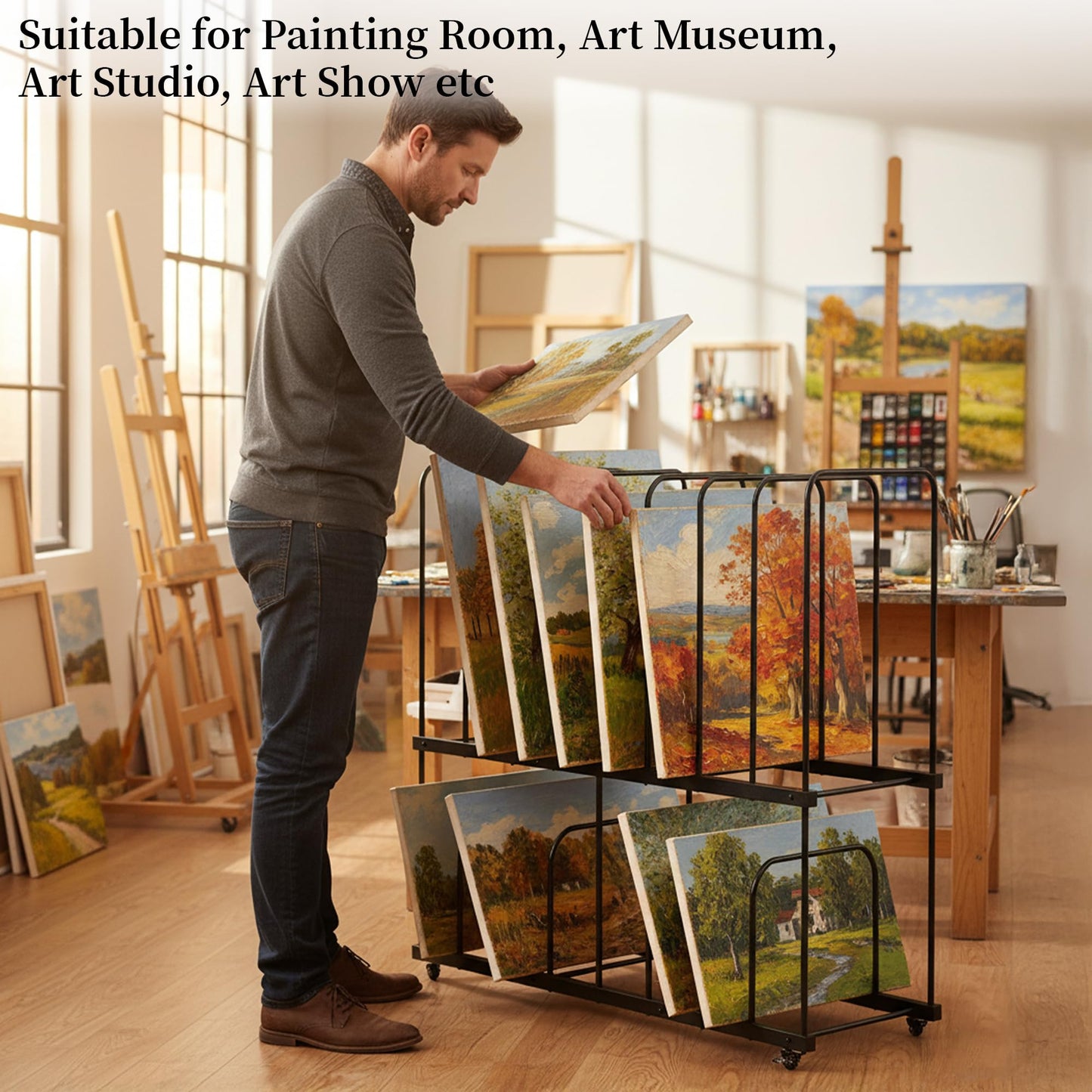 Tredre 2-Tier Art Storage Rack with Wheels, Extra-Large Adjustable Art Drying Painting Rack, Metal Canvas Storage Display Stand for Art Studio, Classroom and Gallery, 38.5" x 39.5" x 16" (Black)