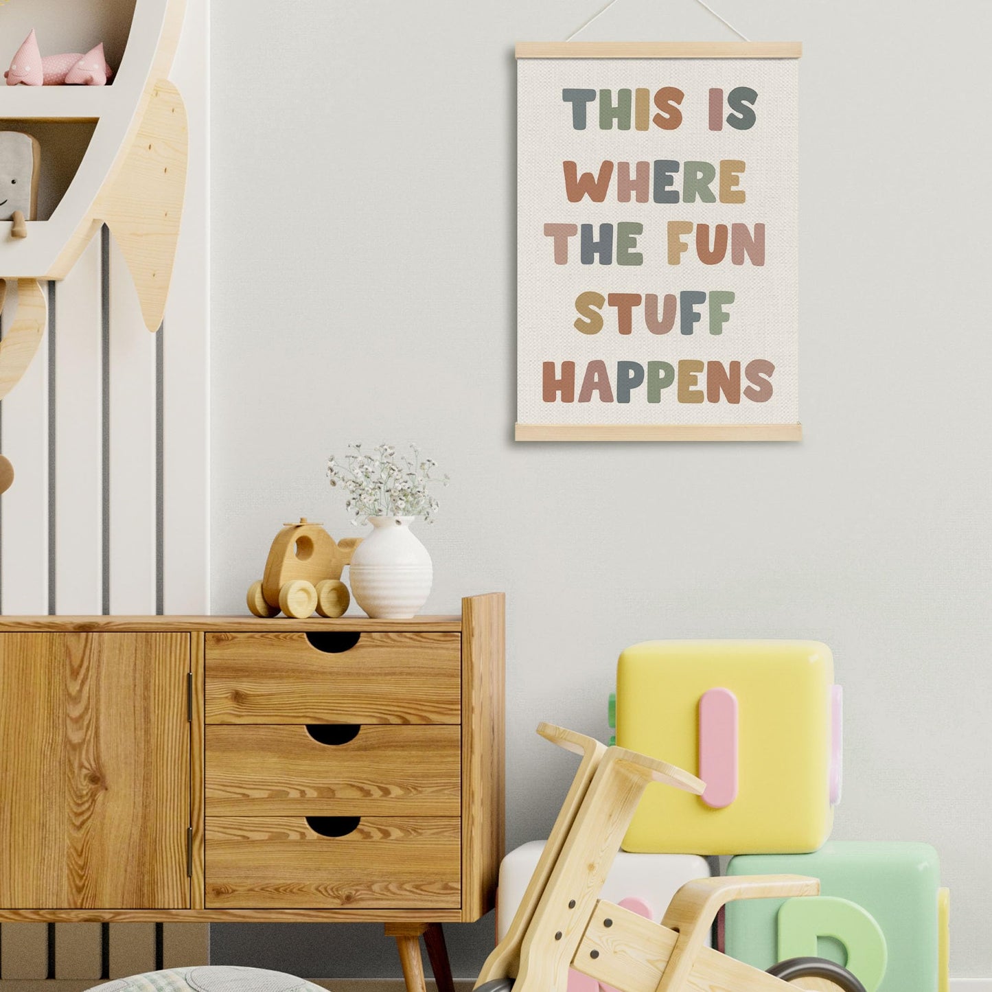 MOTERMATE Boho Inspirational Poster Hanger Frame, Affirmations Wall Hanging Decor Art Framed for Classroom Kids Room Bedroom, This Is Where The Fun Stuff Happens Wall Poster Prints, 12x16 Inch