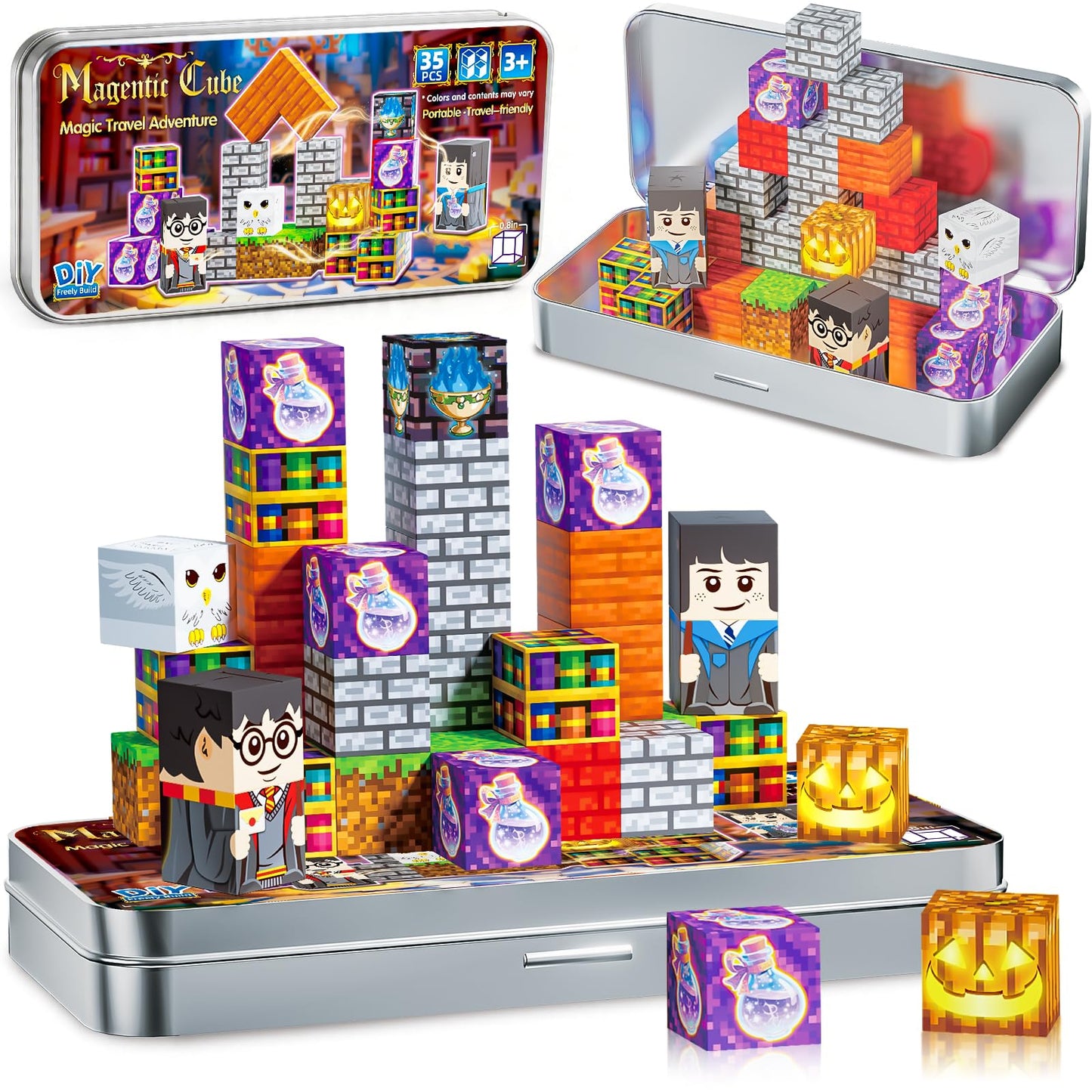 Pocket Cubes Magnetic Blocks & Magnetic Tiles, 35 PCS Magic Academy Magnetic Building Cubes Set, STEM Construction Toys for Kids Ages 4-8, Mini Travel Toys for Toddlers 3-5, Montessori Sensory Gifts