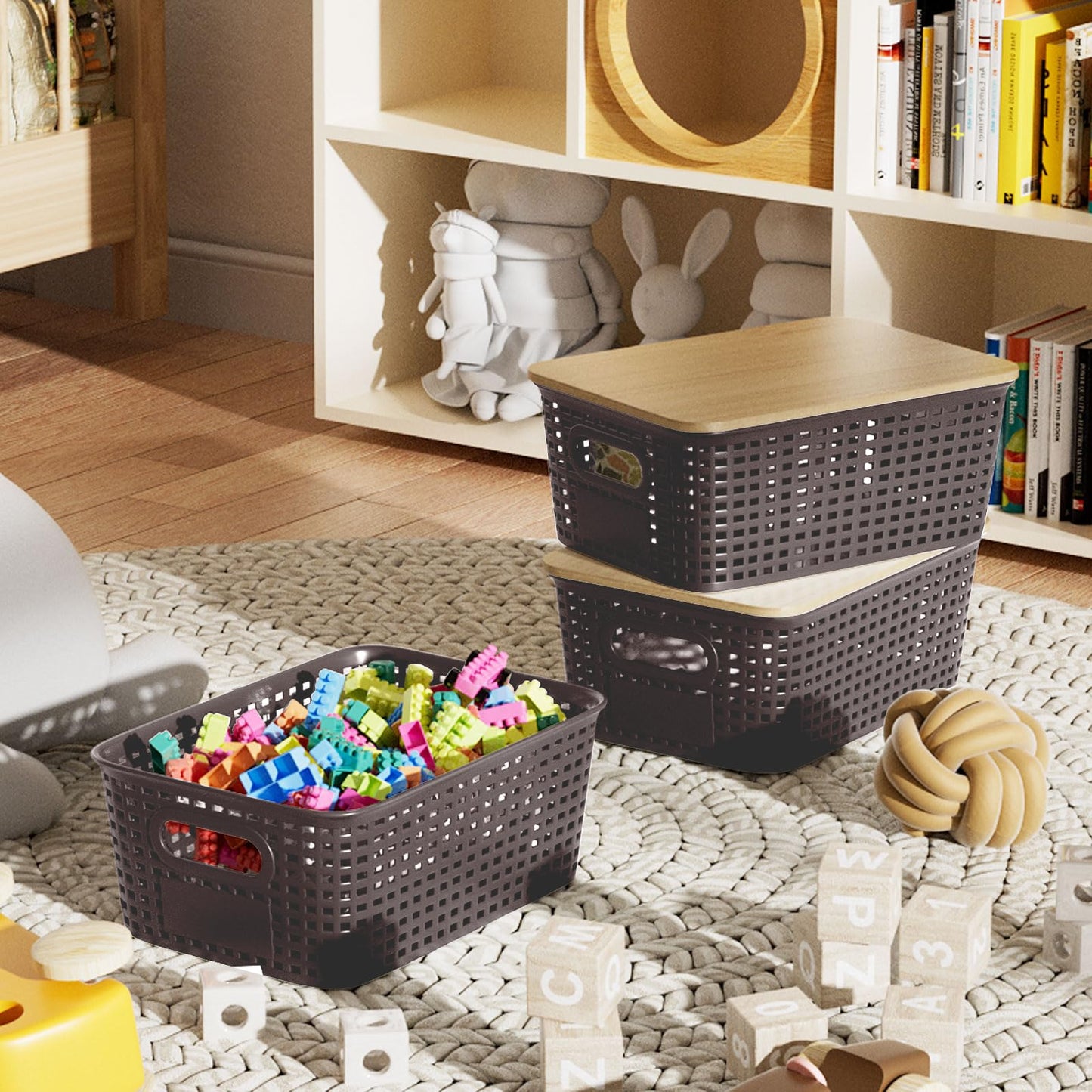 6Pcs Storage Bins with Lids, Stackable Plastic Storage Basket with Bamboo Lid, Pantry Organizer Box Small Containers for Organizing Shelves Drawer Desktop Closet Cabinet Office Classroom 10x7.1x4.1in