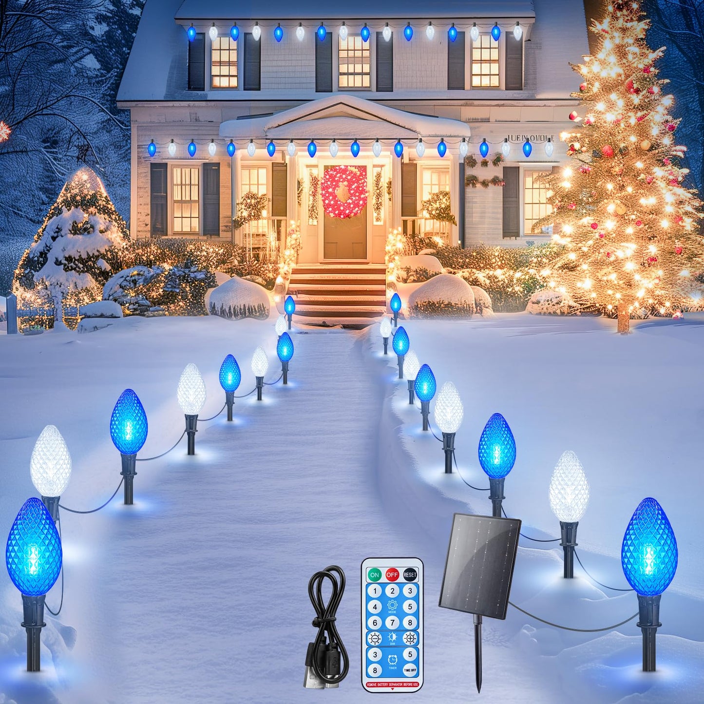 Minetom Solar Double C9 Christmas Pathway Lights, 10 LED, 16FT, Timer, 8 Modes, Strawberry-Blue & Pure White
