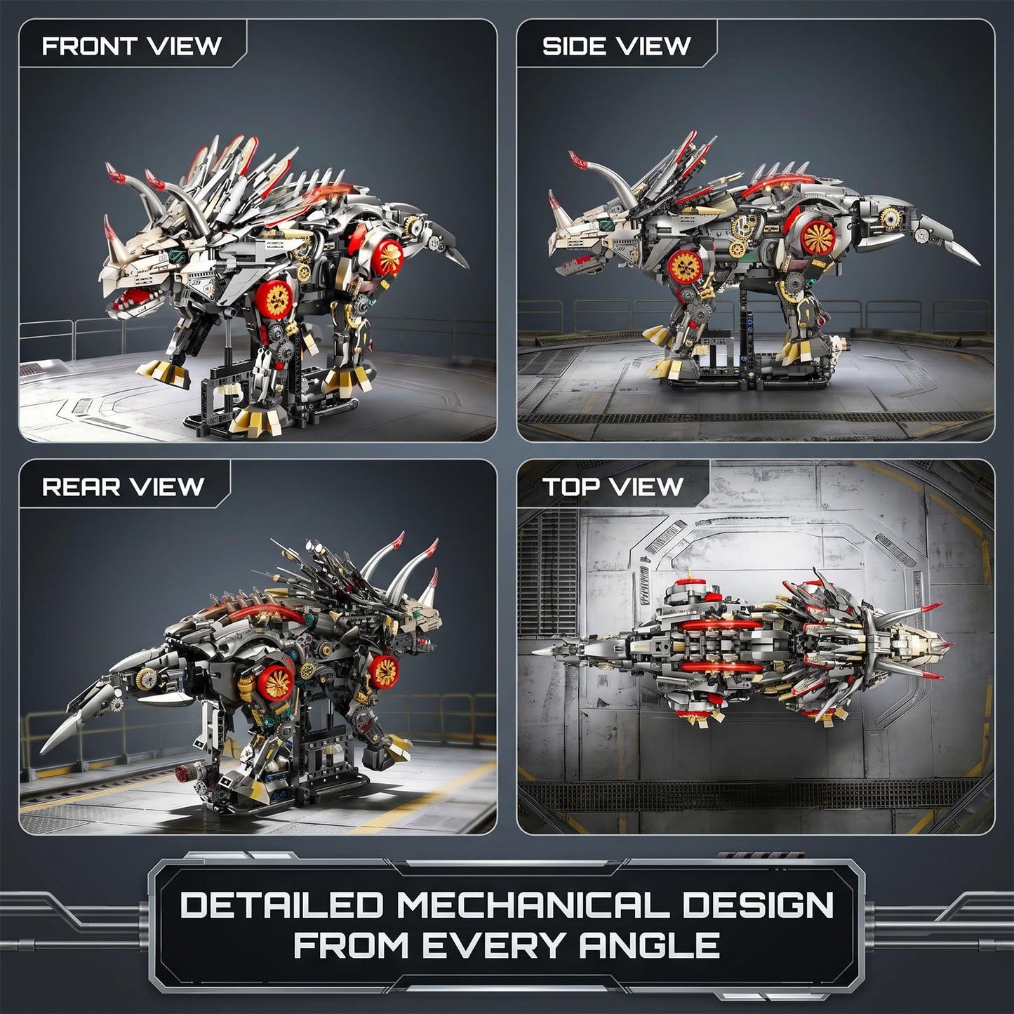 Myth Qholve Mechanical Triceratops Building Set with LED Lights, Engine & Generator, Remote Control Drive, Display Stand, Movable Gears, Large Scale RC Dinosaur Model for Home Office Decor, 1100+PCS