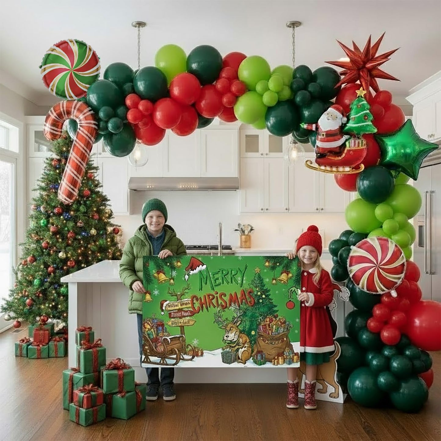 Christmas Balloon Garland Arch Kit with backdrop Xmas Red Green Balloons Candy Cane Santa Claus Star Foil Balloons for Christmas New Year Birthday Party Decorations (Red Green)