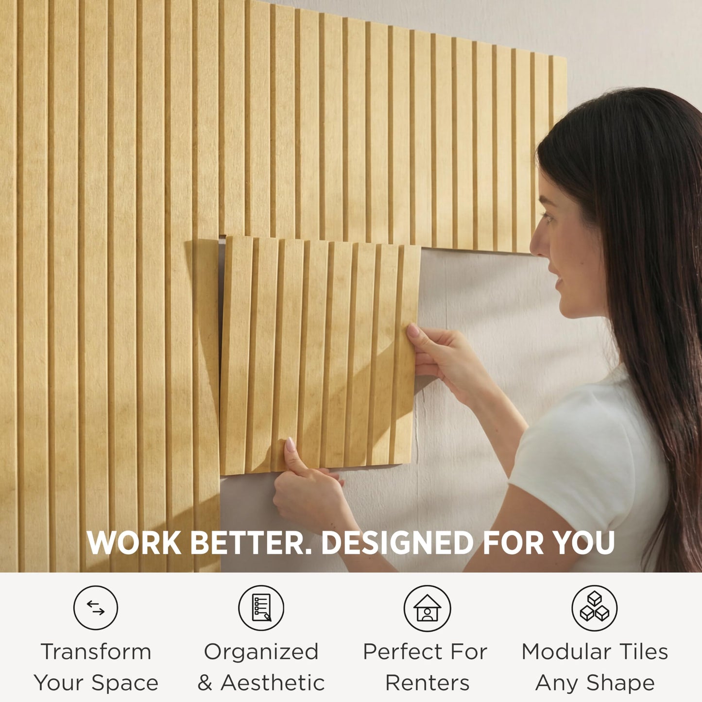 VIVELDA Felt Bulletin Board Tiles 48"x36" - 12-Pack Cork Board Alternative, Oeko-TEX Certified, NRC 0.95 Acoustic Wall Panels, Damage-Free Adhesive, Slatted Design, Home Office & Classroom (Mustard)