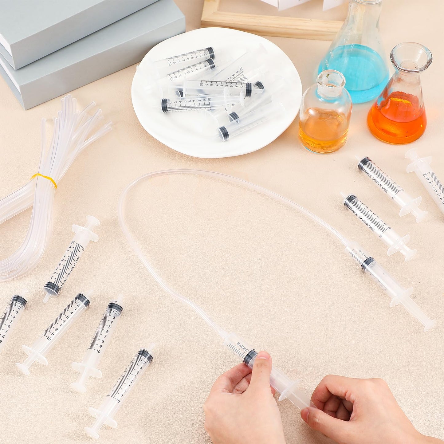Threlaco 24 Pcs Hydraulic and Pneumatic Kit 10ml Plastic Syringe with 12 Pcs 20in Vinyl Handy Tubing for Science and Engineering Projects for Back to School Classrooms Scientific Labs
